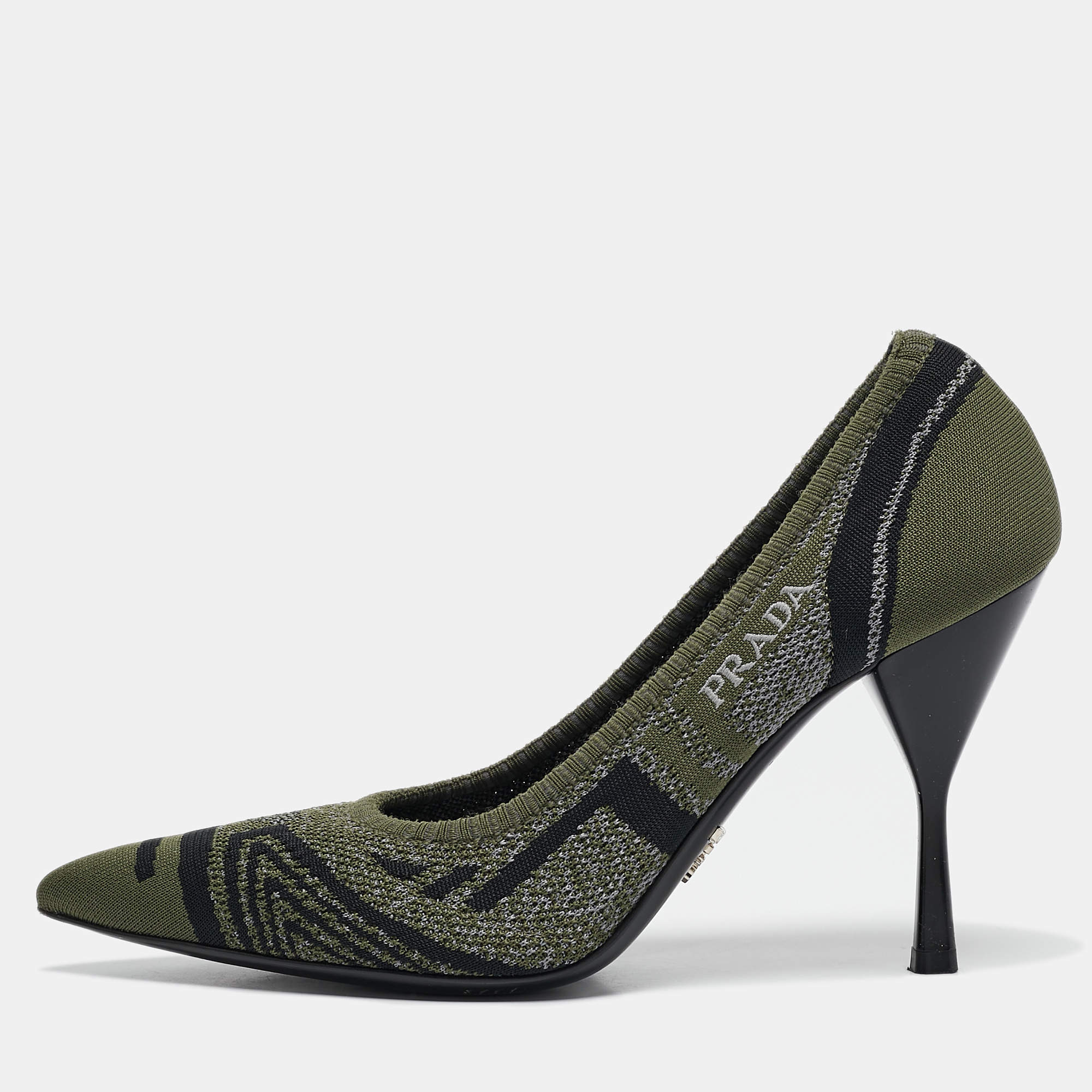 Prada Green/Black Printed Knit Fabric Pointed Toe Pumps Size 39
