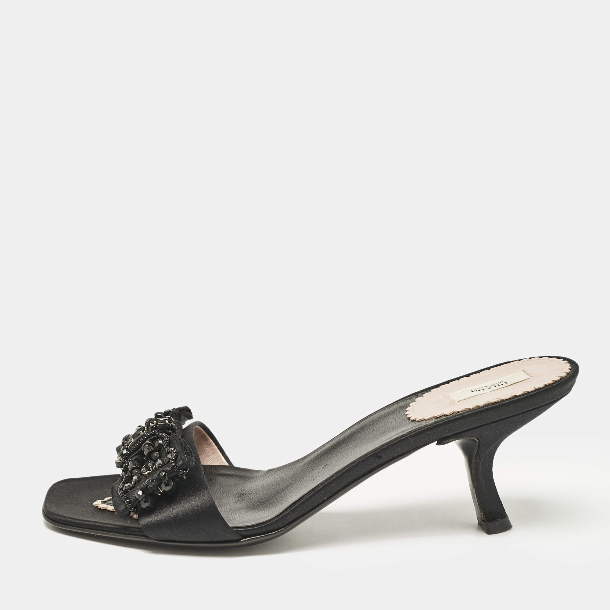 Prada Black Satin Bow Embellished Slide Sandals Size 36.5