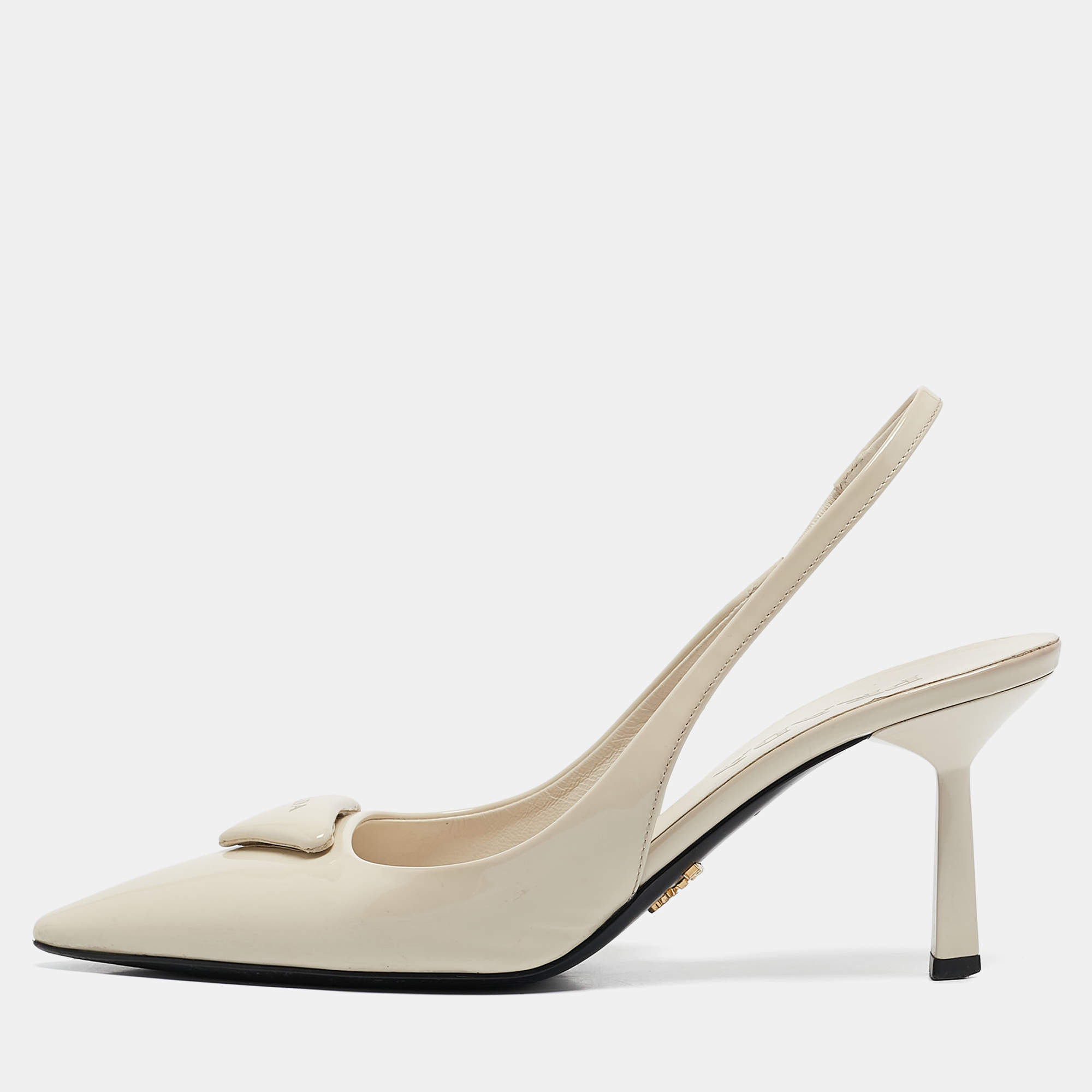 Pre Owned Prada Cream Patent Leather Logo Pointed Toe Slingback Pumps Size 36