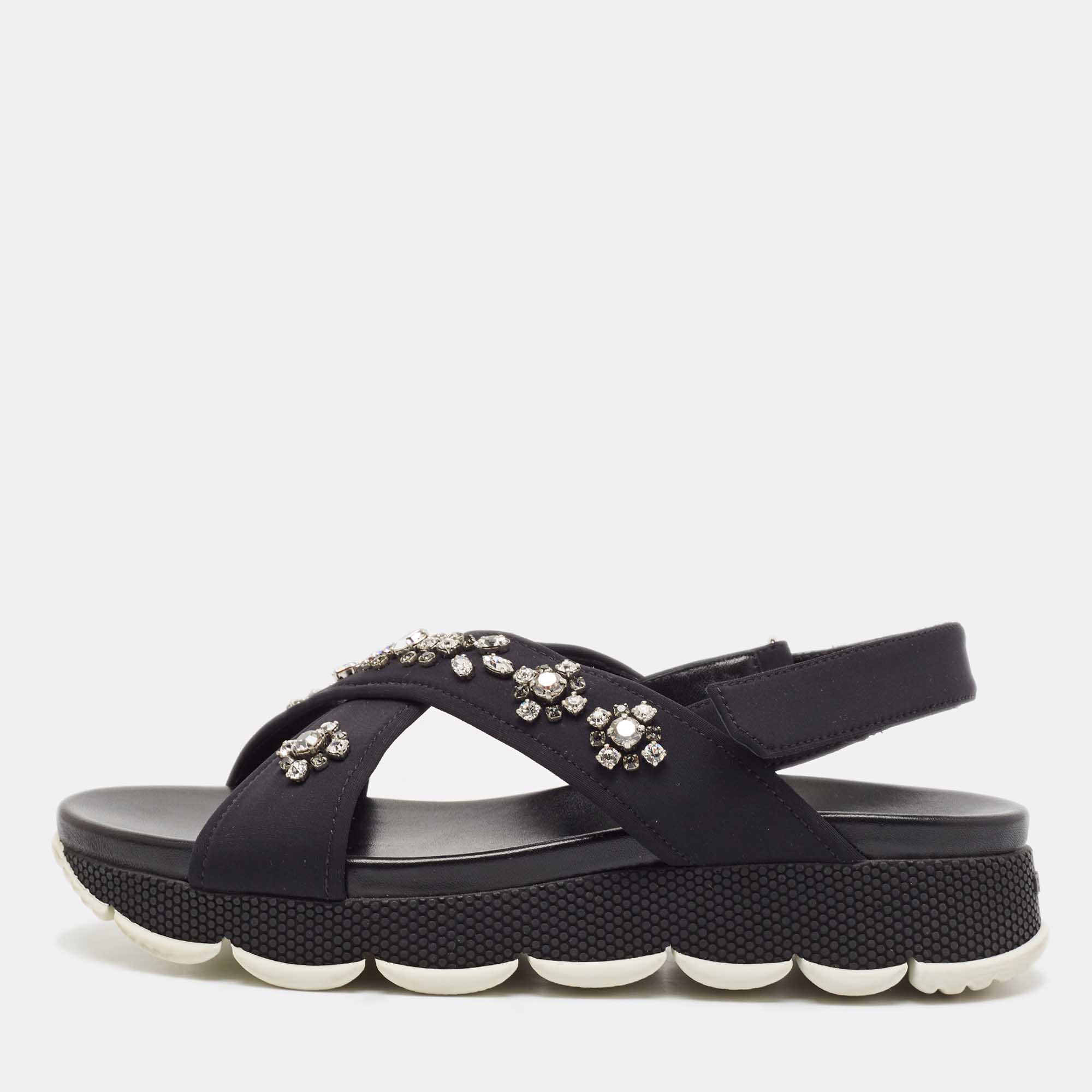 Prada Black Neoprene Crystal Embellished Flat Sandals Size 40