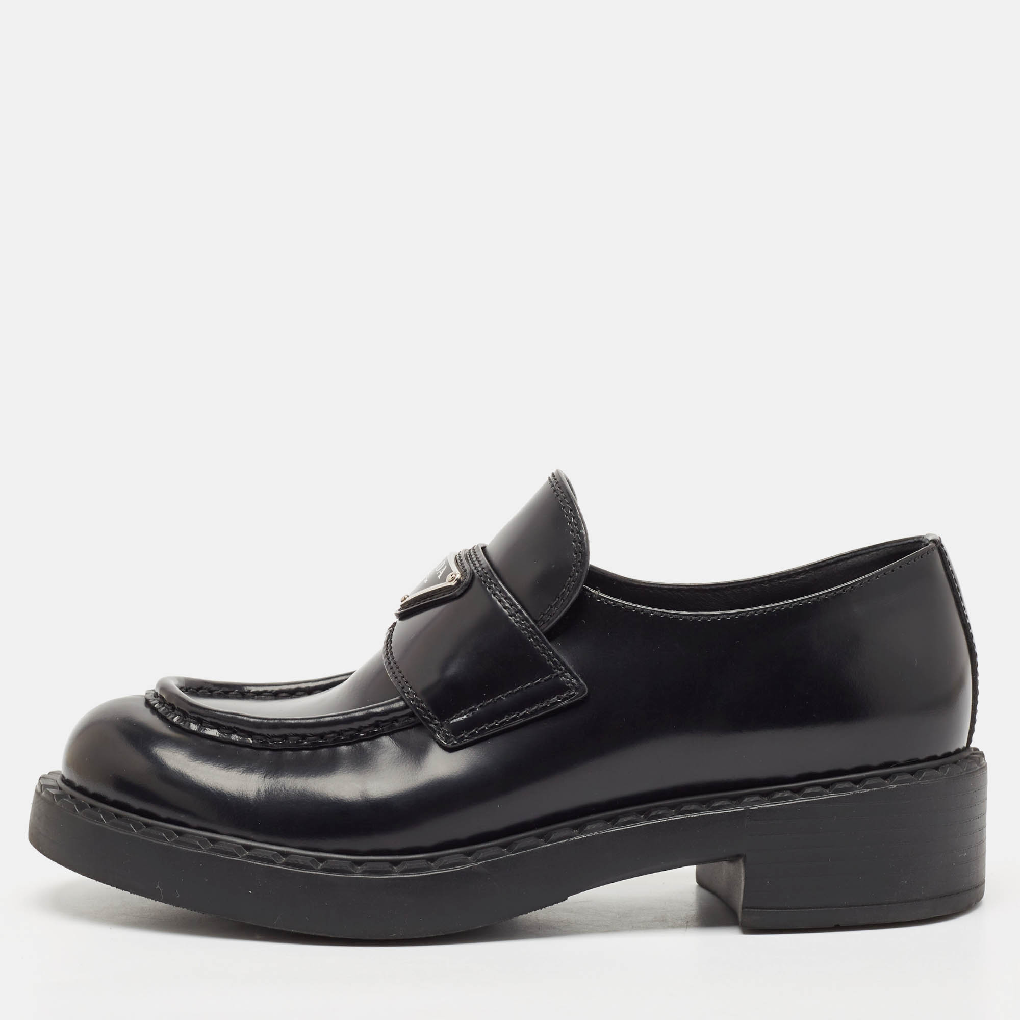 Prada Black Brushed Leather Slip On Loafers Size 38