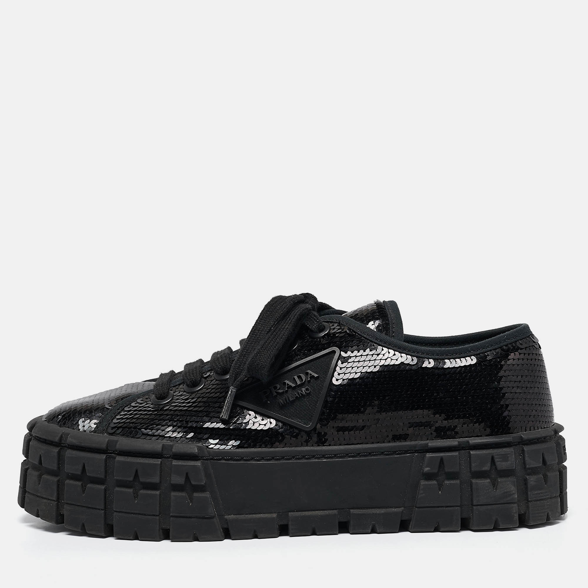 Prada Black Sequin Double Wheel Platform Sneakers Size 39