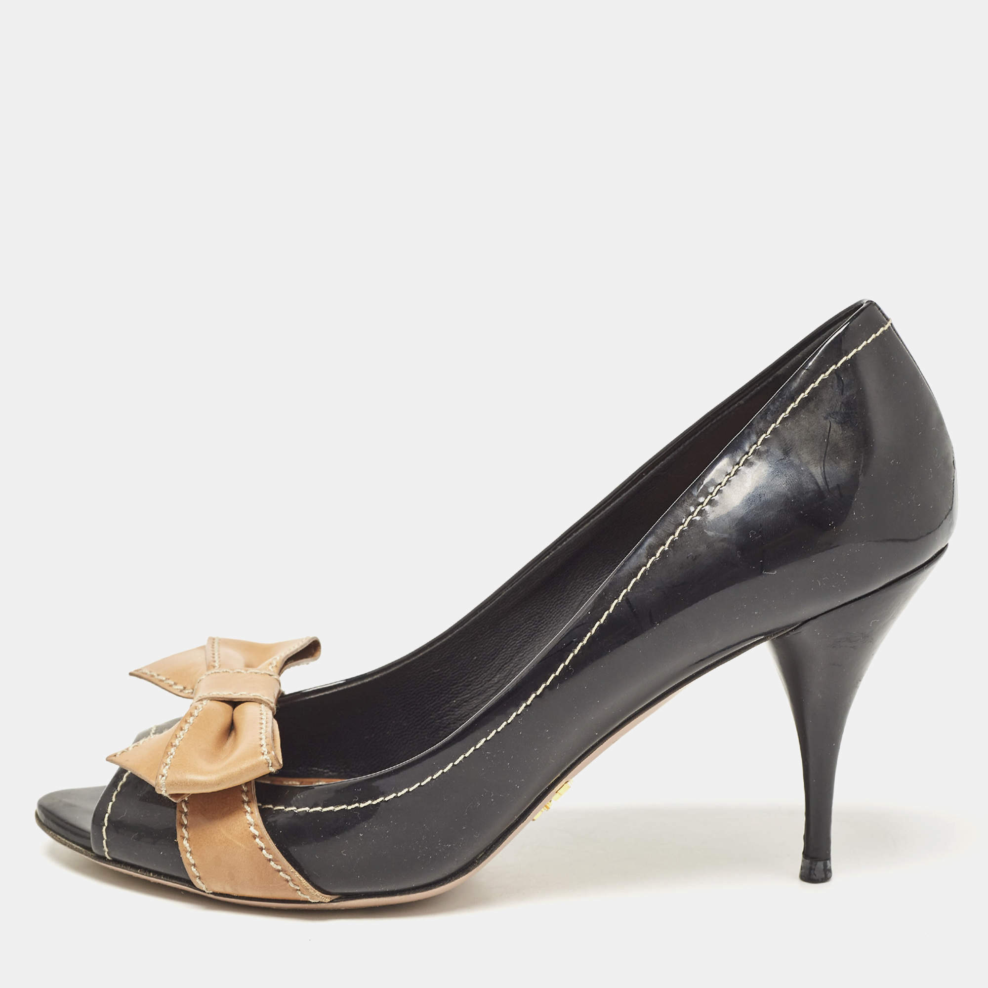 Prada Black/Brown Patent and Leather Bow Peep Toe Pumps Size 40.5