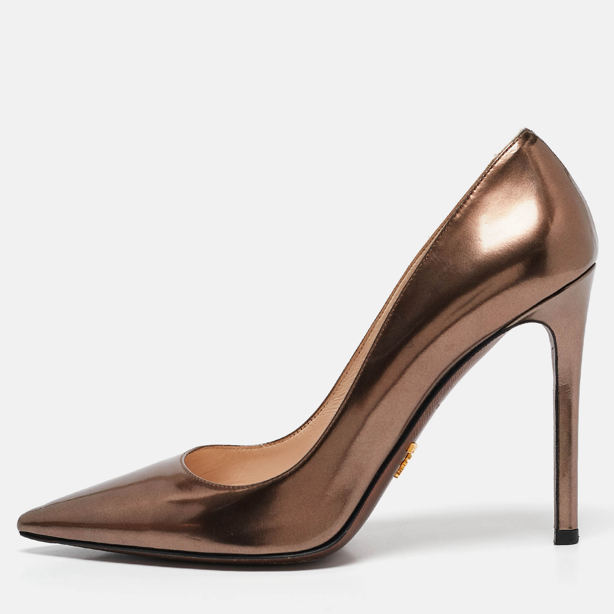 Prada Brown Laminated Leather Pointed Toe Pumps Size 37.5