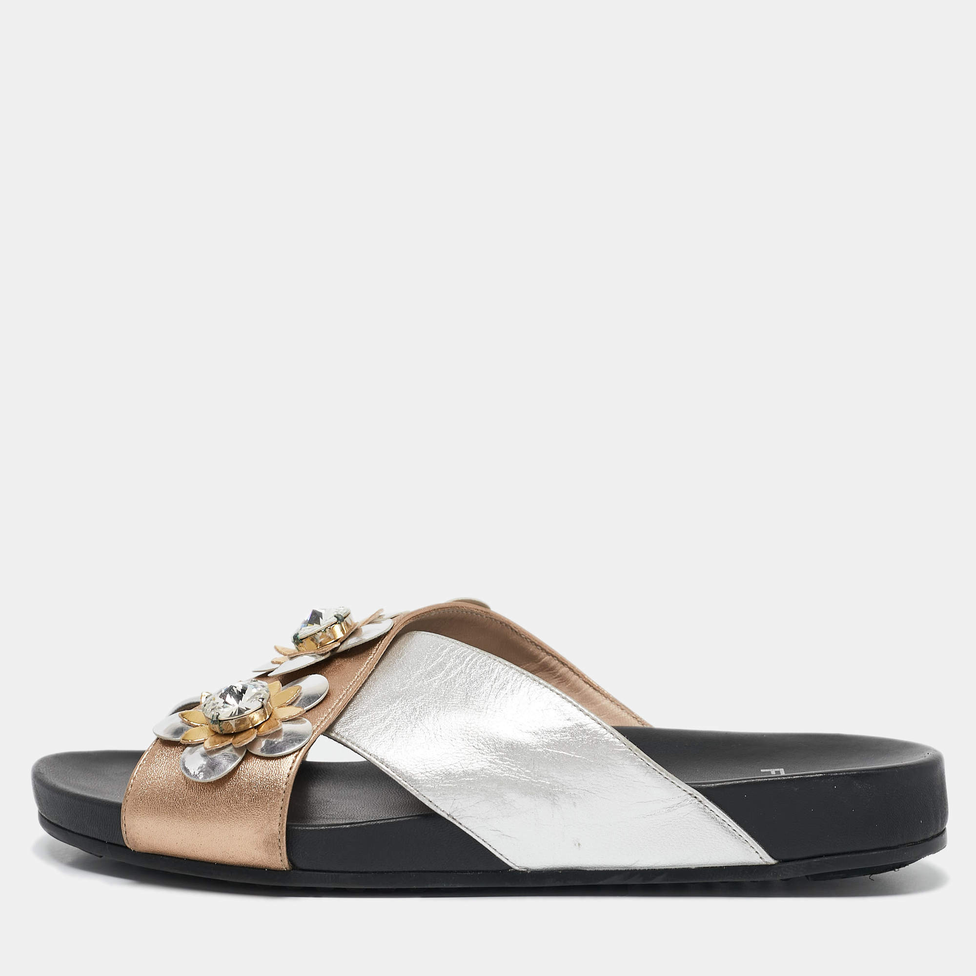 Fendi Silver/Gold Leather Flowerland Slide Flat Sandals Size 37