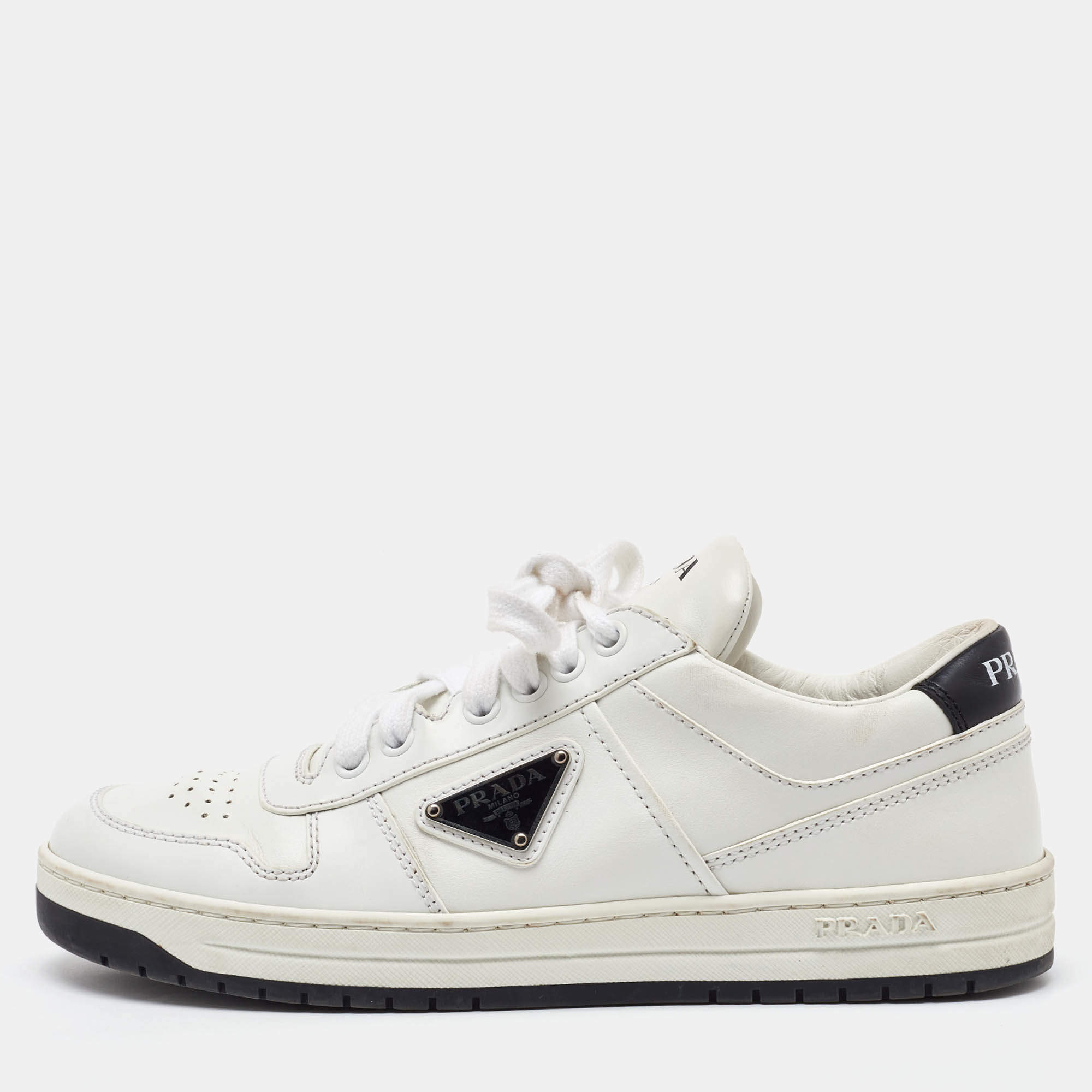 Pre Owned Prada White Leather Downtown Low Top Sneakers Size 38