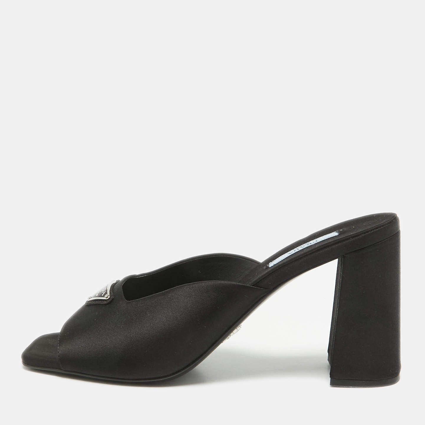 Pre Owned Prada Black Satin Logo Plaque Block Heel Slide Sandals Size 39.5