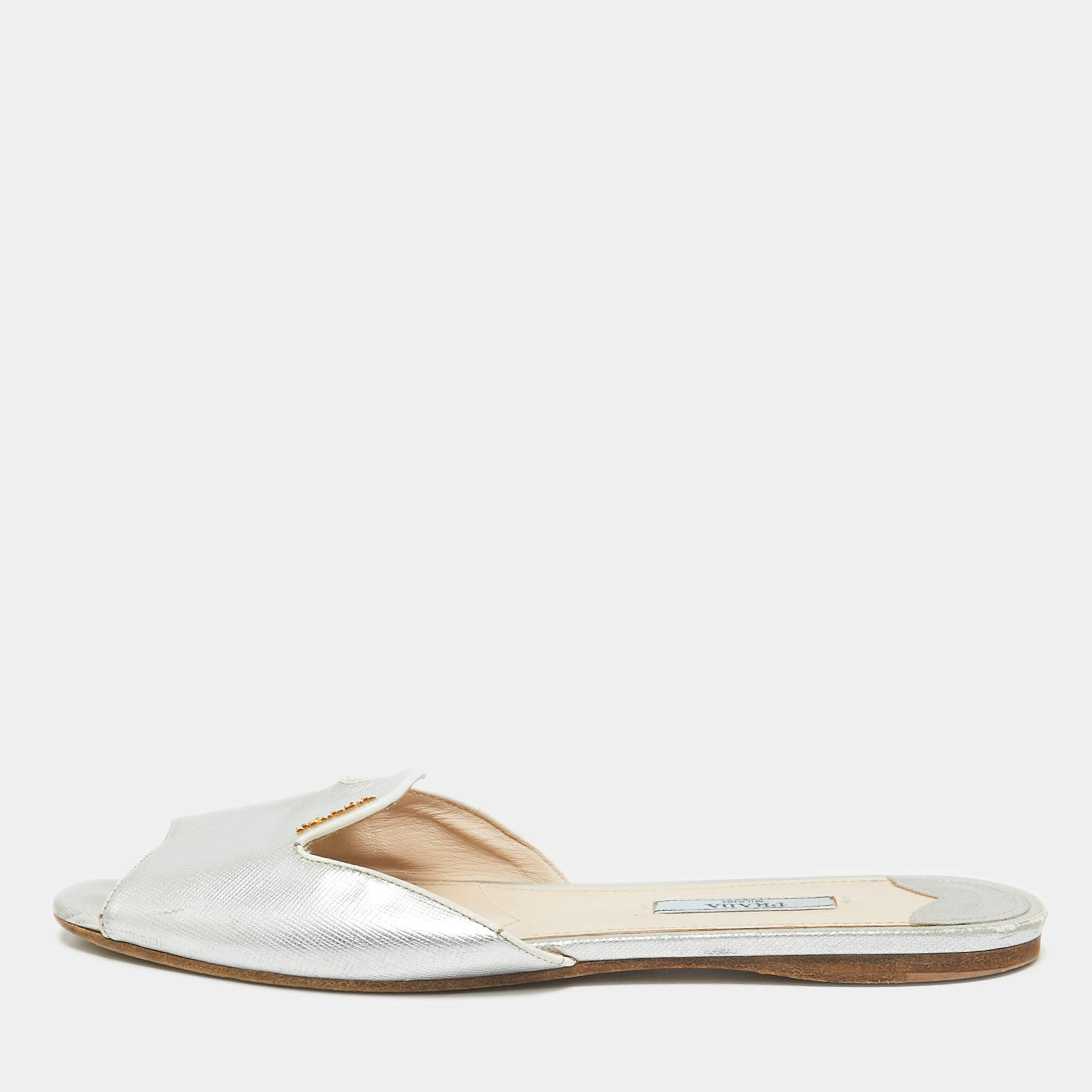 Prada Silver Saffiano Leather Slide Flats Size 38.5
