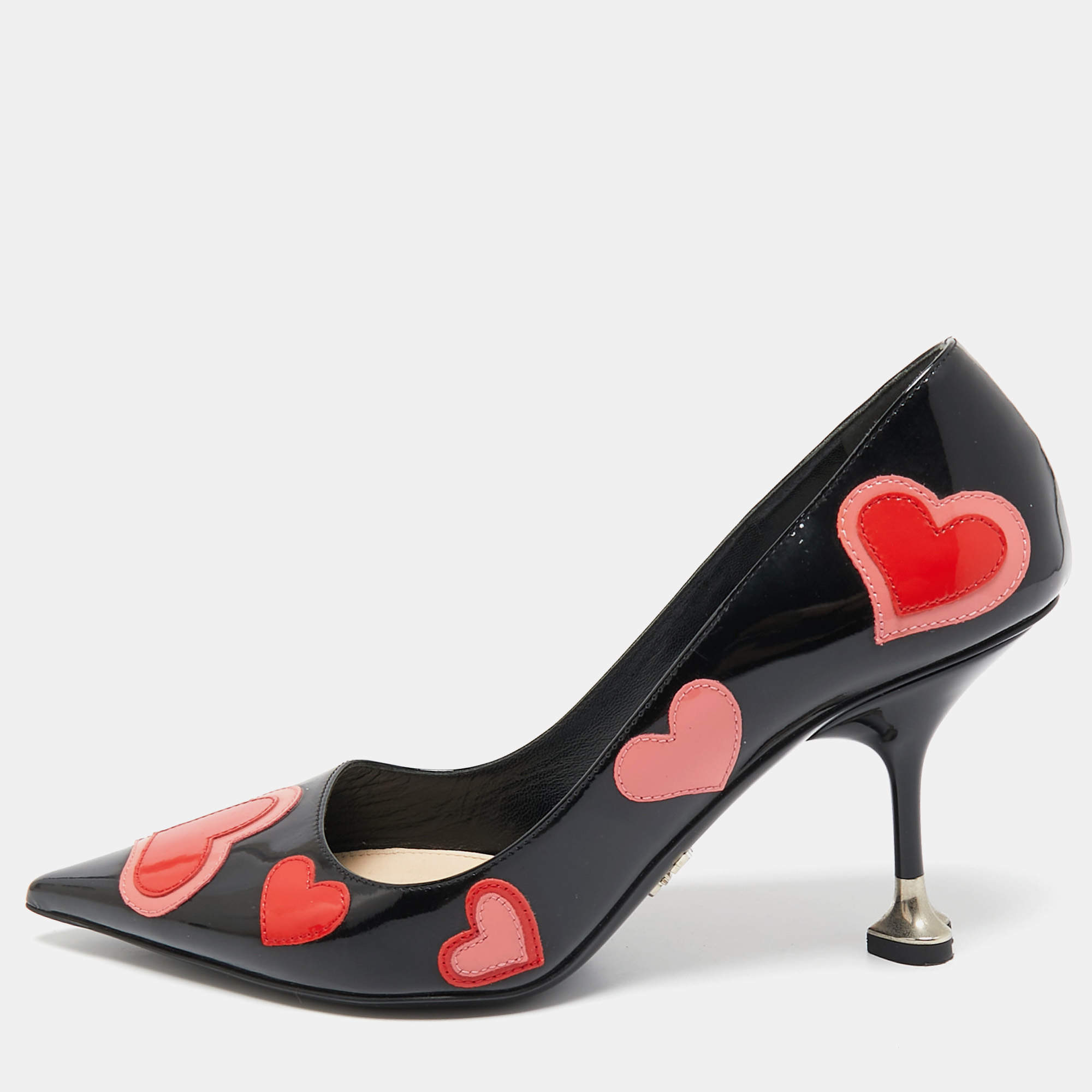 Prada Black Patent Leather Love Printed Pointed Toe Pumps Size 38.5