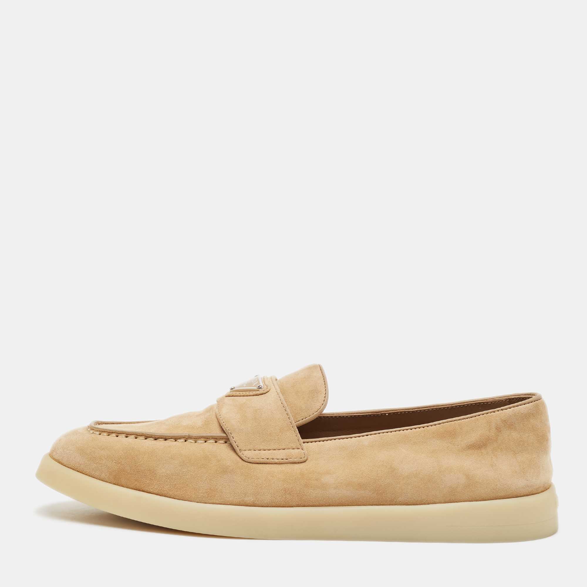 Prada Beige Suede Logo Plaque Slip On Loafers Size 39