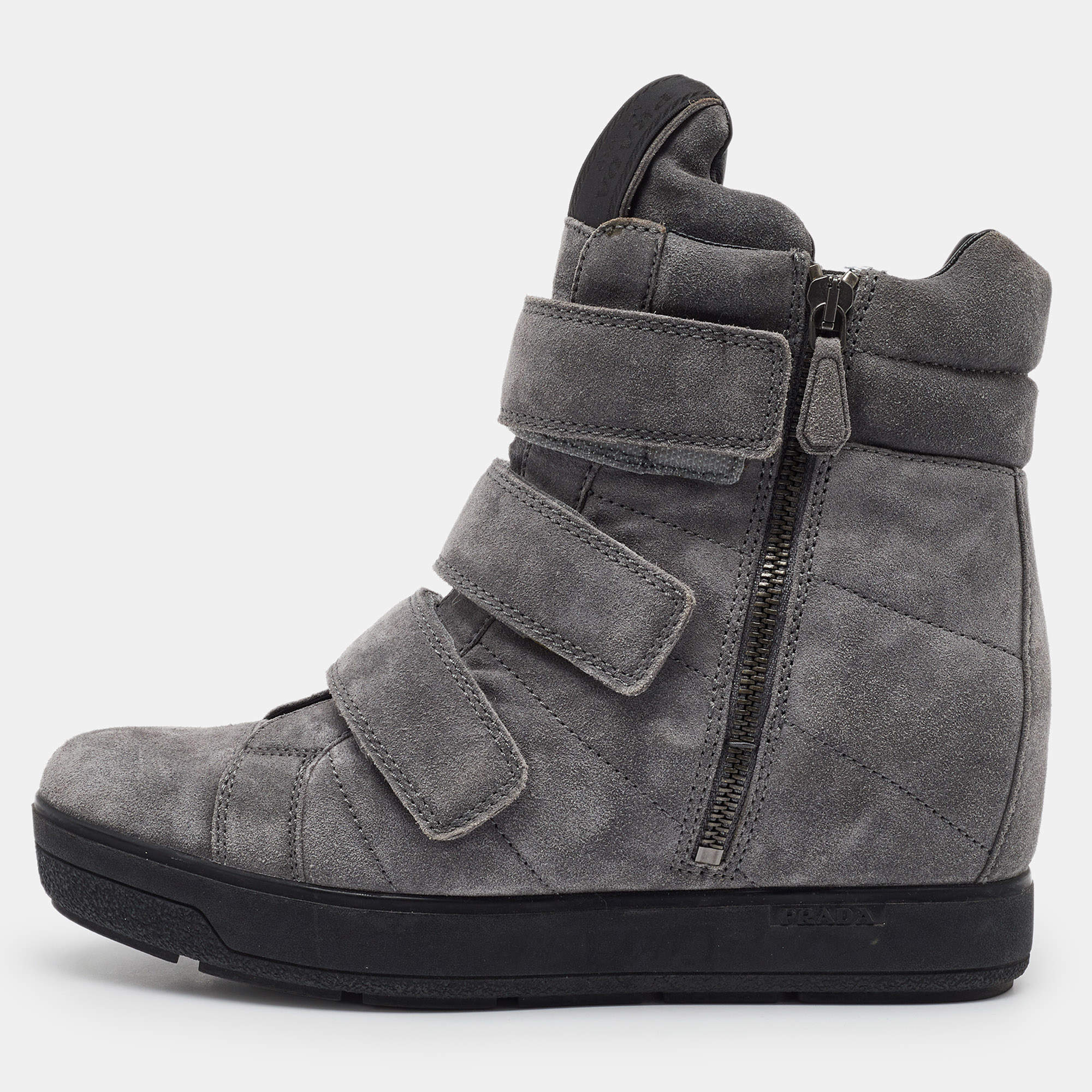 Prada Sport Grey Suede High Top Wedge Sneakers Size 37