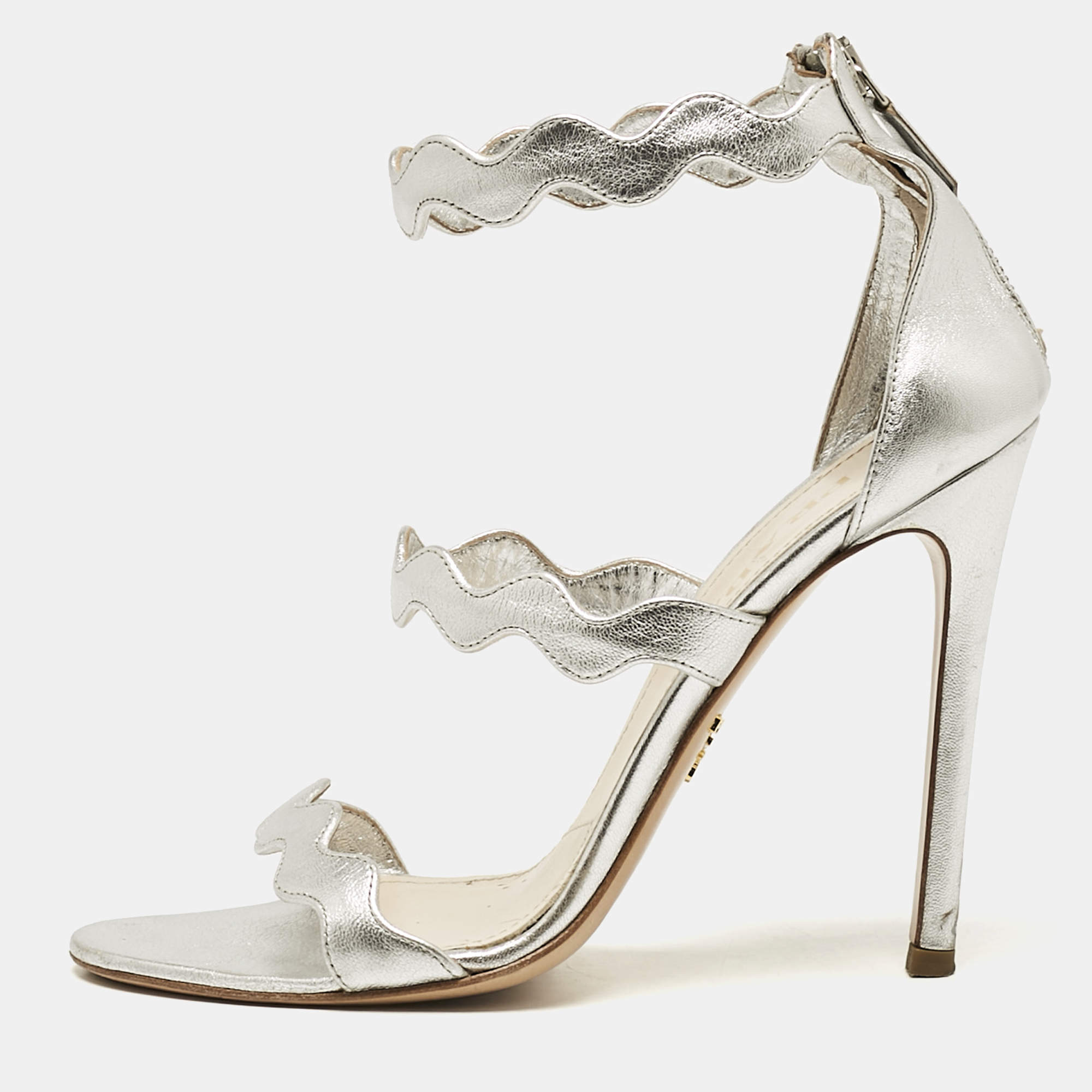 Prada Silver Leather Ankle Strap Sandals Size 38