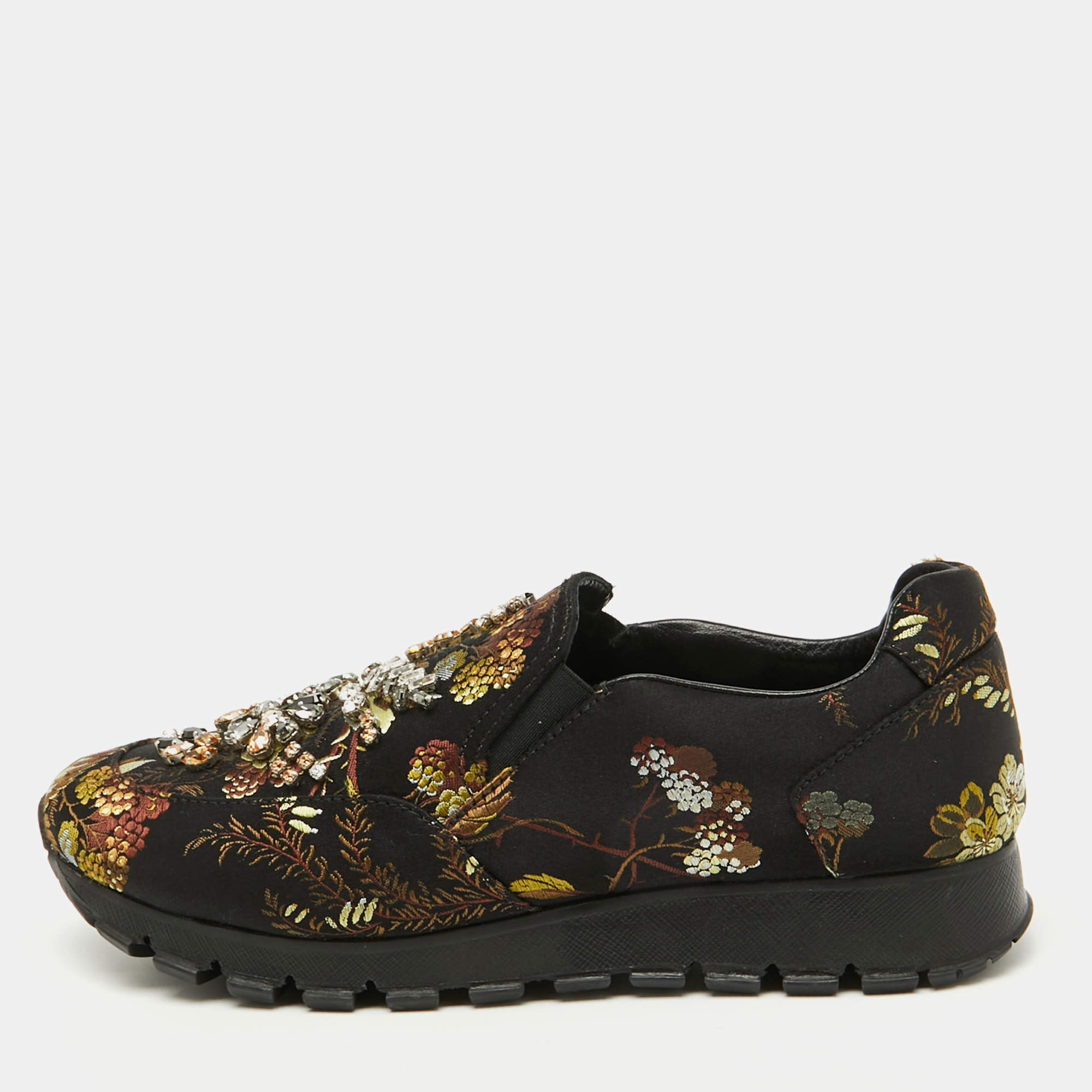 Prada Black Brocade Fabric Crystal Embellished Slip On Sneakers Size 37