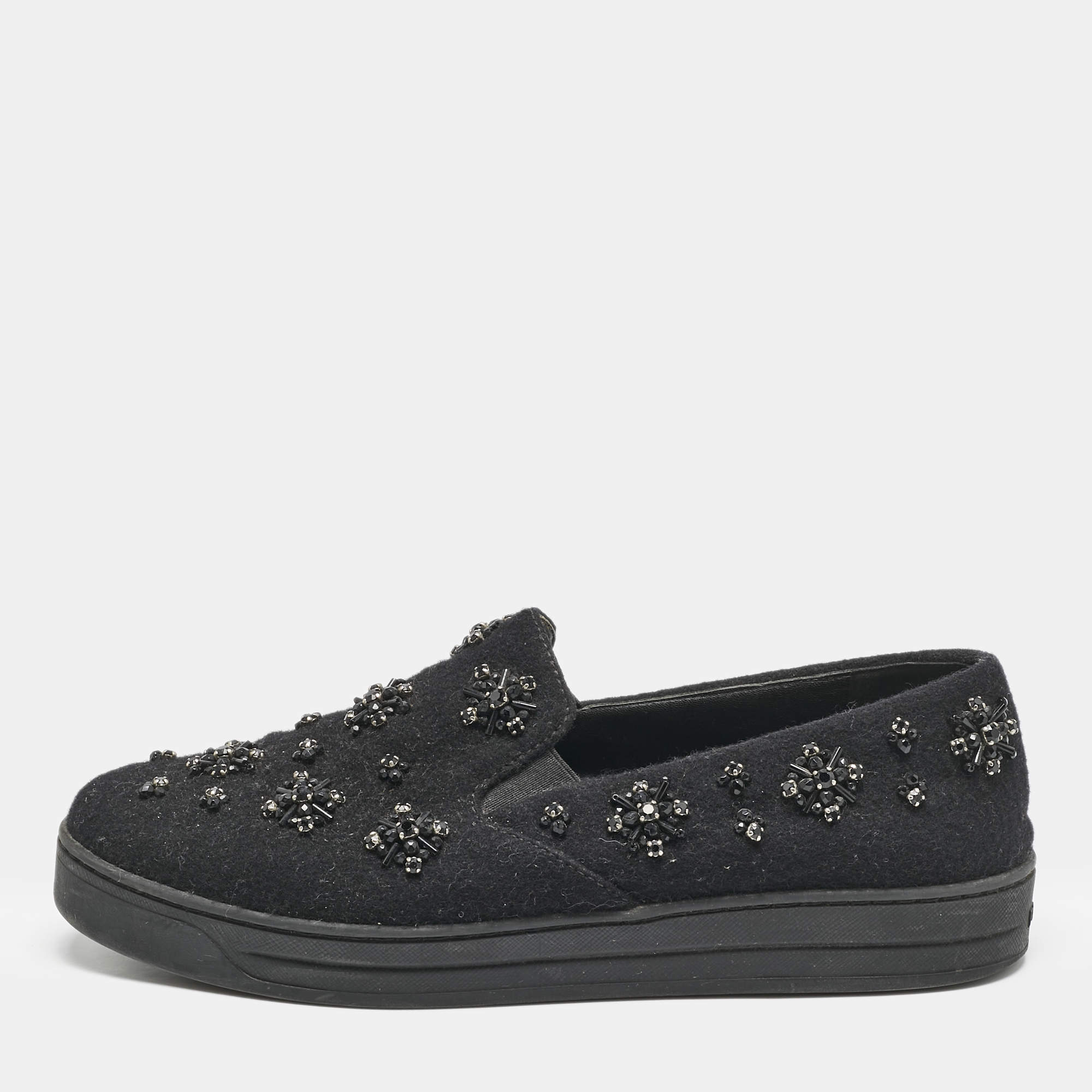 Prada Black Felt Crystal Embellished Slip On Sneakers Size 39