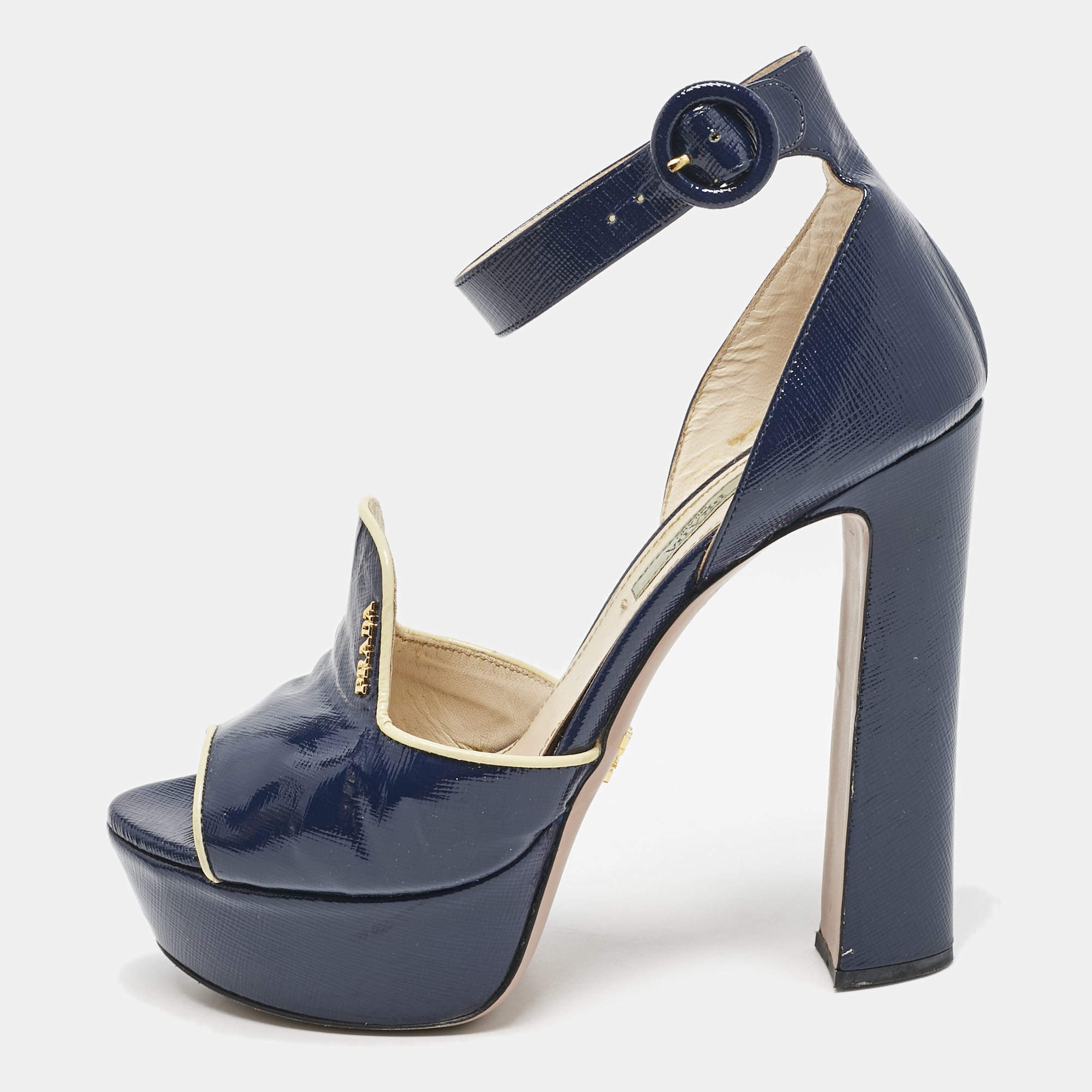 Prada Navy Blue Saffiano Patent Leather Ankle Strap Platform Sandals Size 38.5