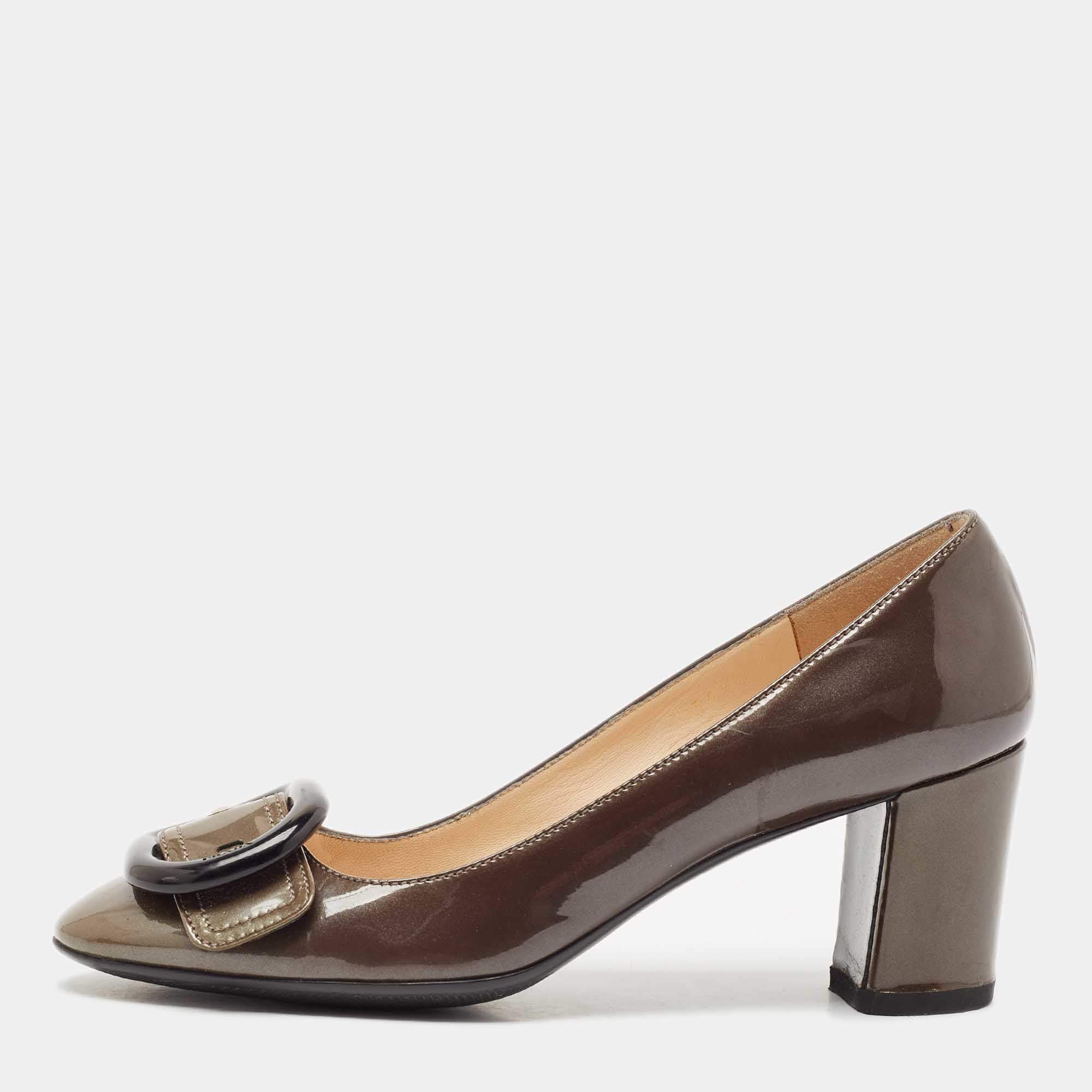Prada Olive Green Patent Leather Buckle Square Toe Pumps Size 36.5