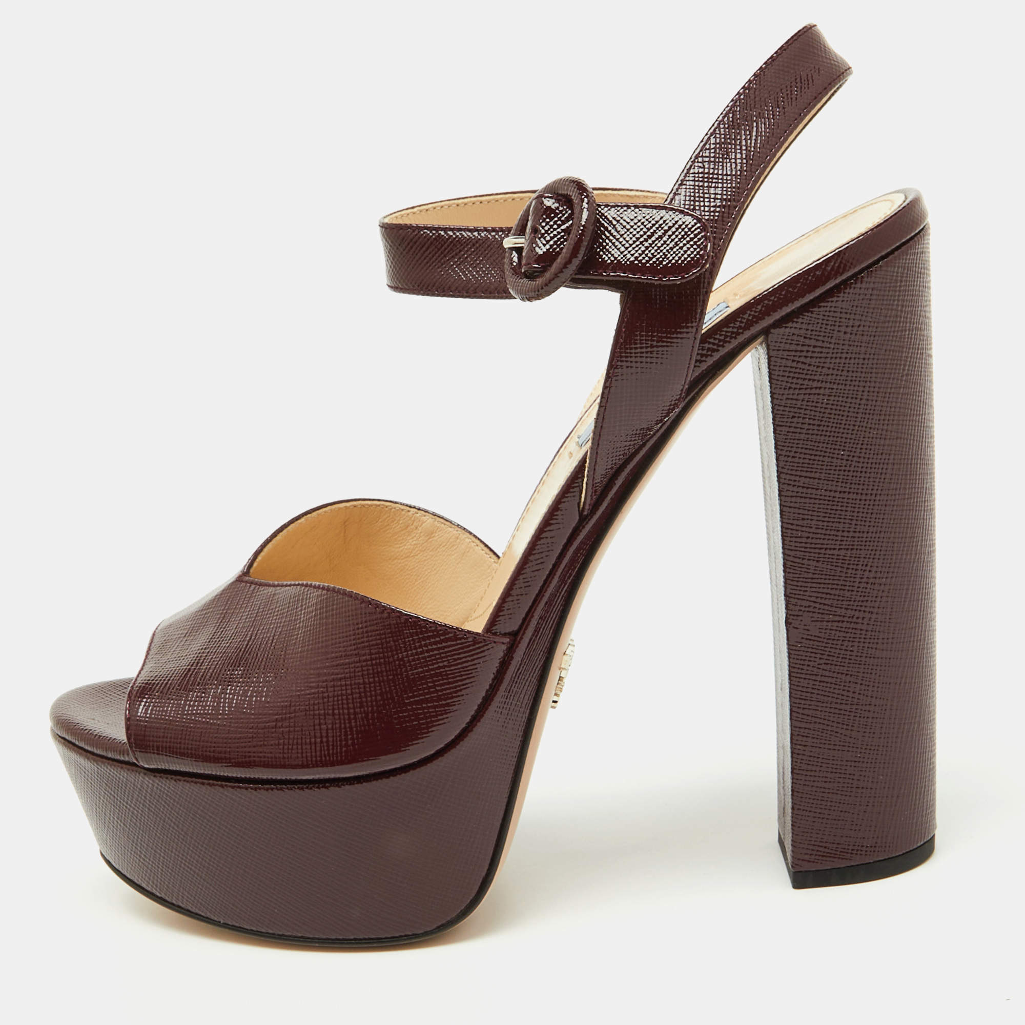 Prada Burgundy Saffiano Patent Leather Platform Ankle Strap Sandals Size 39