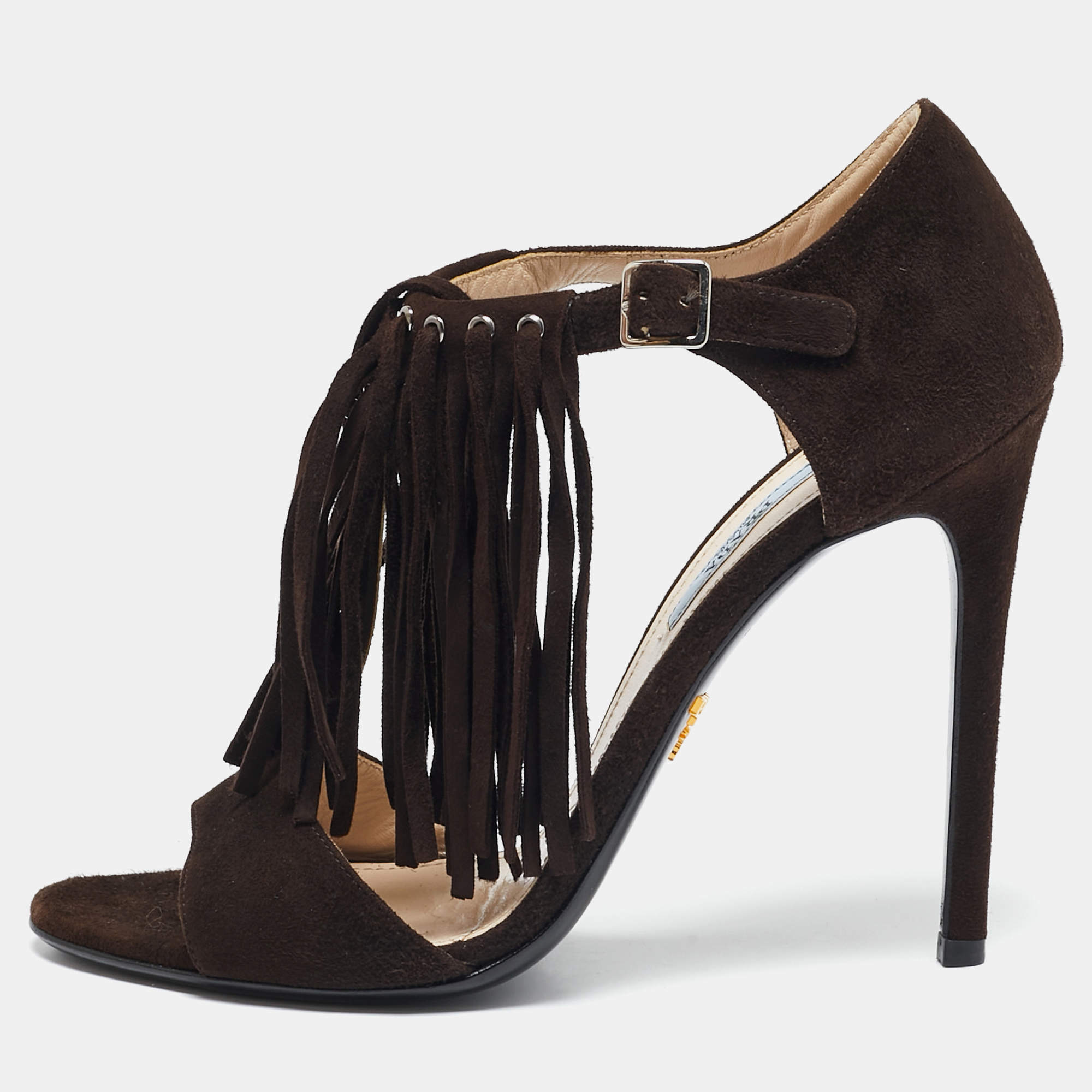 Prada Dark Brown Suede Fringe T-Strap Sandals Size 39.5