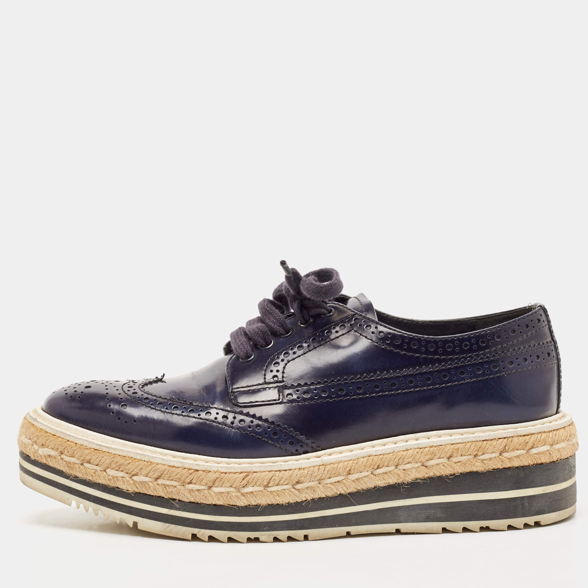 Prada Blue Brogue Leather Derby Lace Up Espadrille Sneakers Size 36