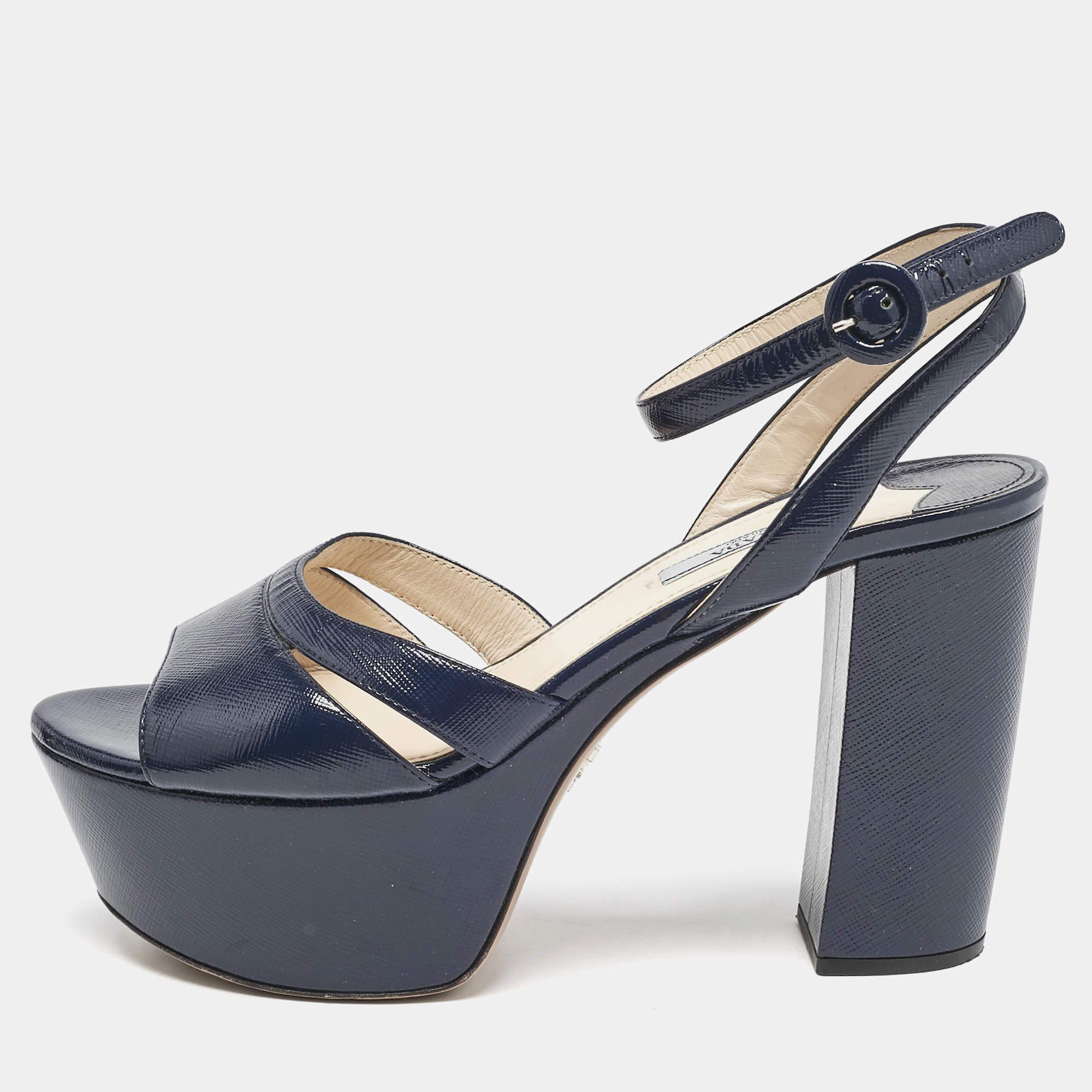 Pre Owned Prada Navy Blue Vernice Saffiano Leather Platform Ankle Strap Sandals Size 39