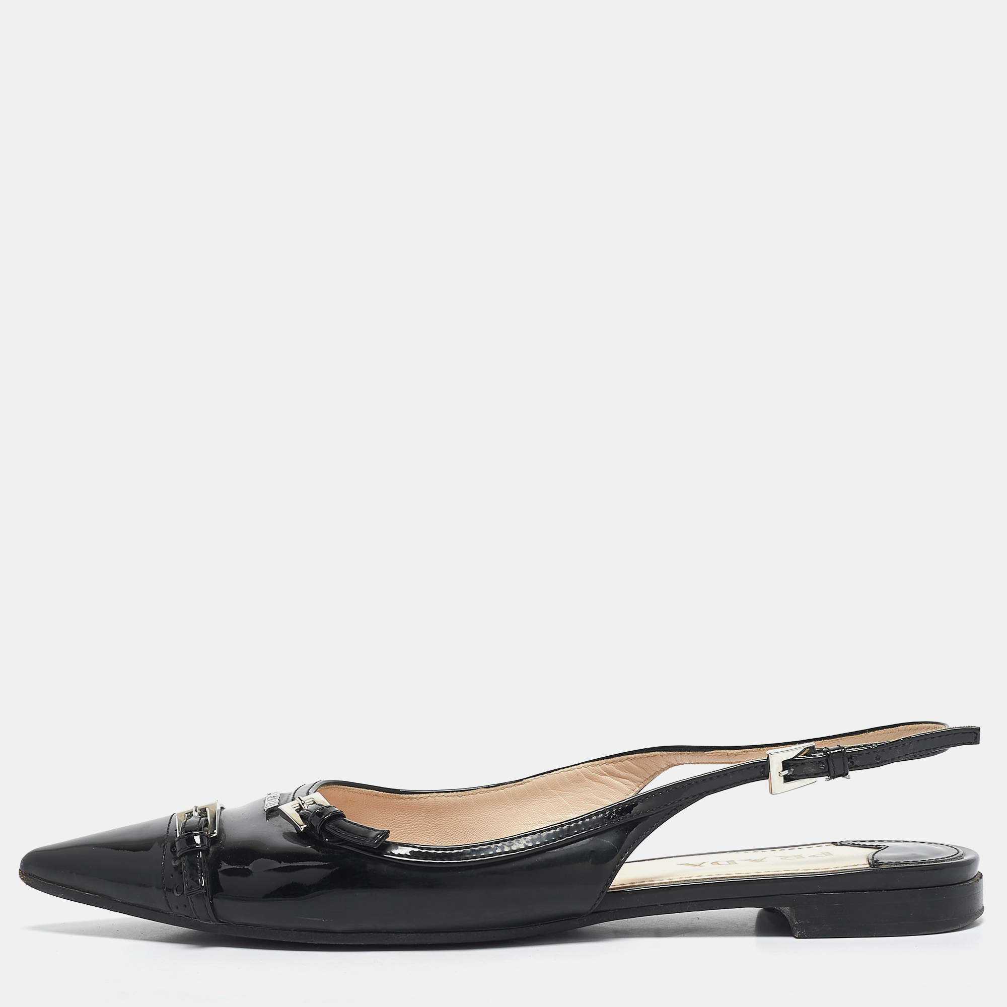Pre Owned Prada Black Patent Leather Slingback Flats Size 37.5