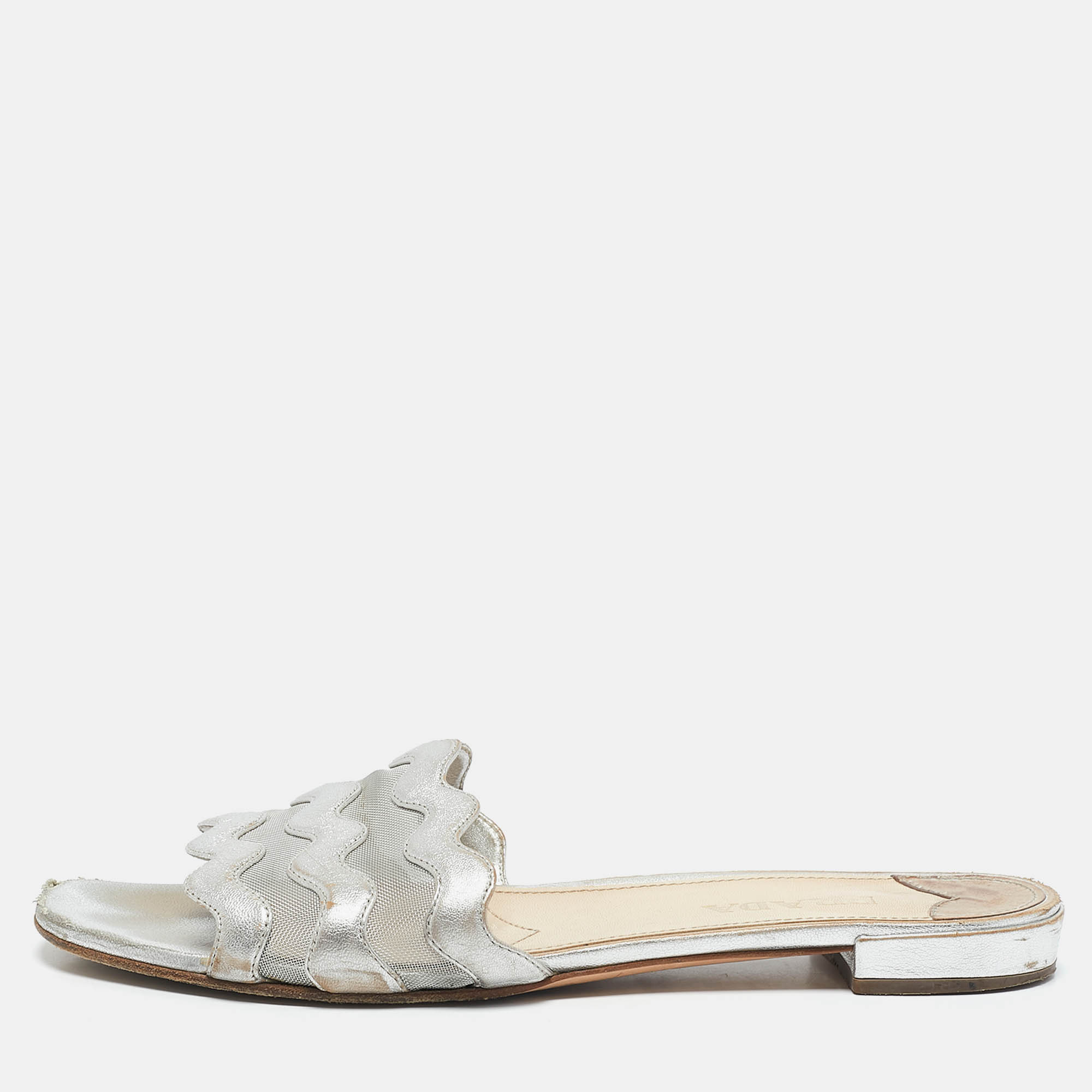 Prada Silver Leather and Mesh Flat Slides Size 40.5