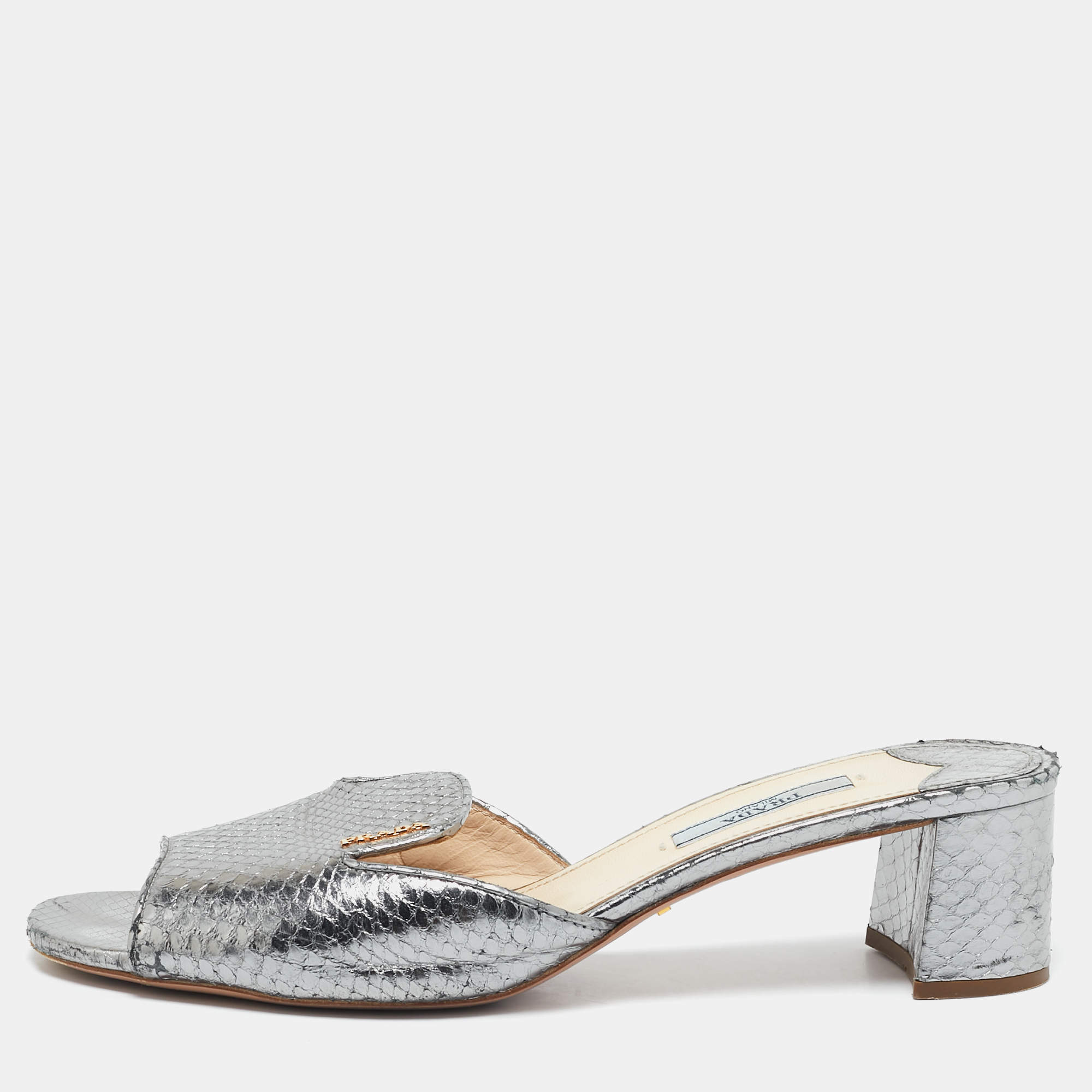 Prada Silver Snakeskin Embossed Leather Slide Sandals Size 39