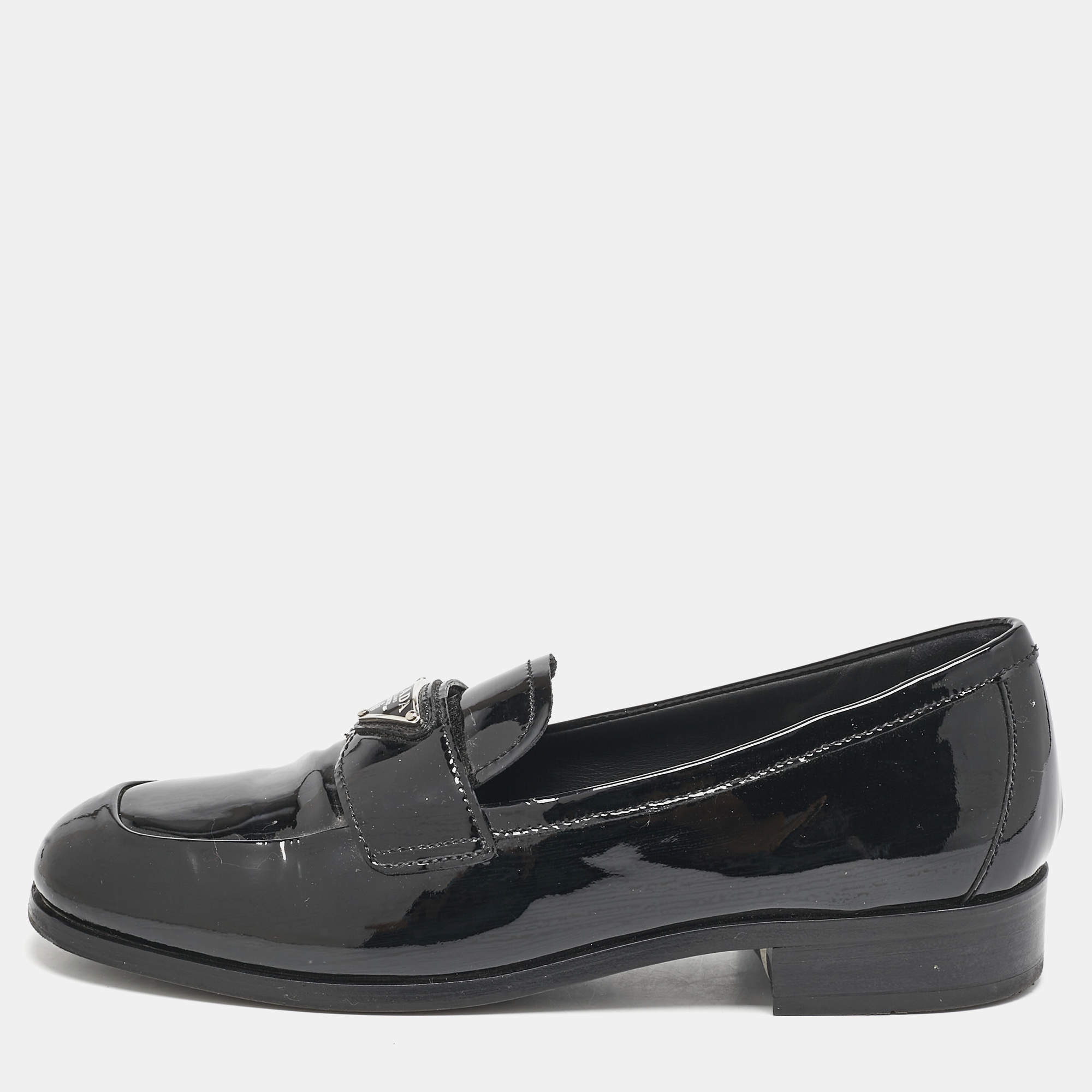 Pre Owned Prada Black Patent Leather Slip On Loafers Size 39