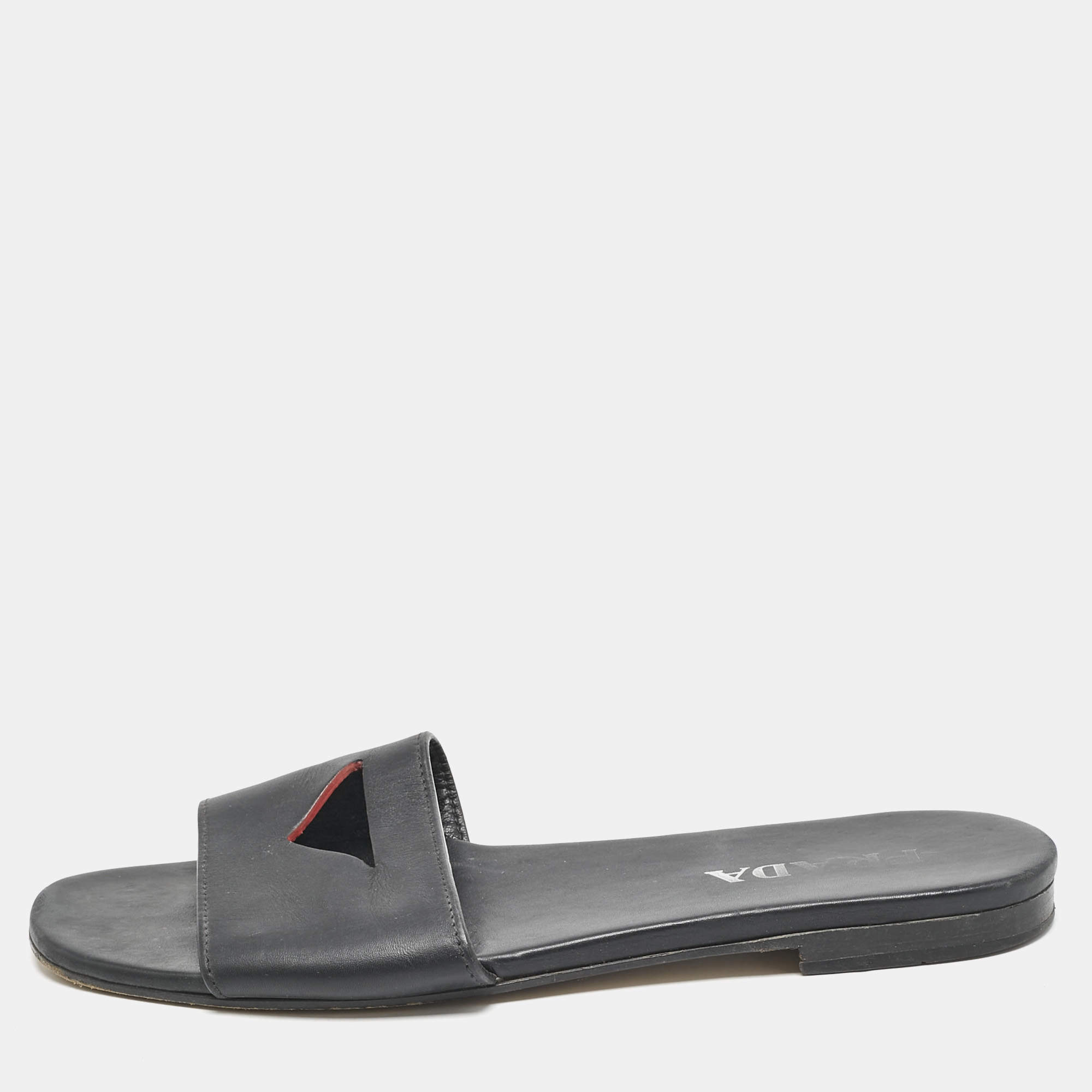 Prada Black Leather Slide Flat Sandals Size 39