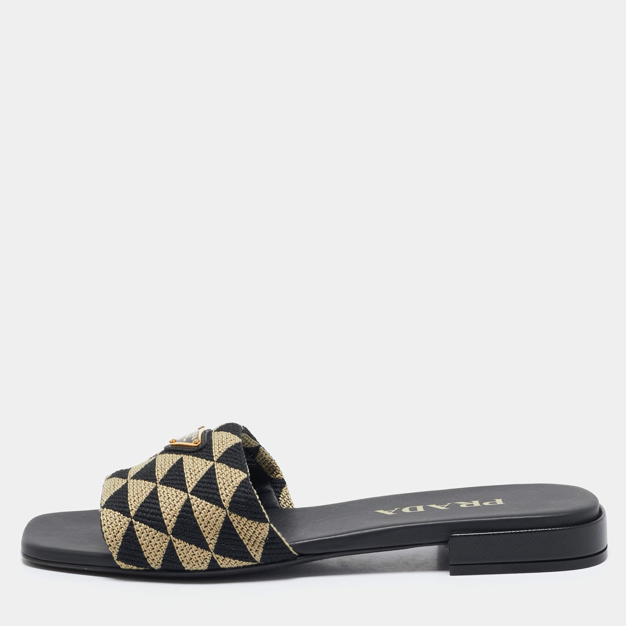 مملوكة مسبقًا Prada Black/Cream Canvas Symbole Slide Flats Size 37