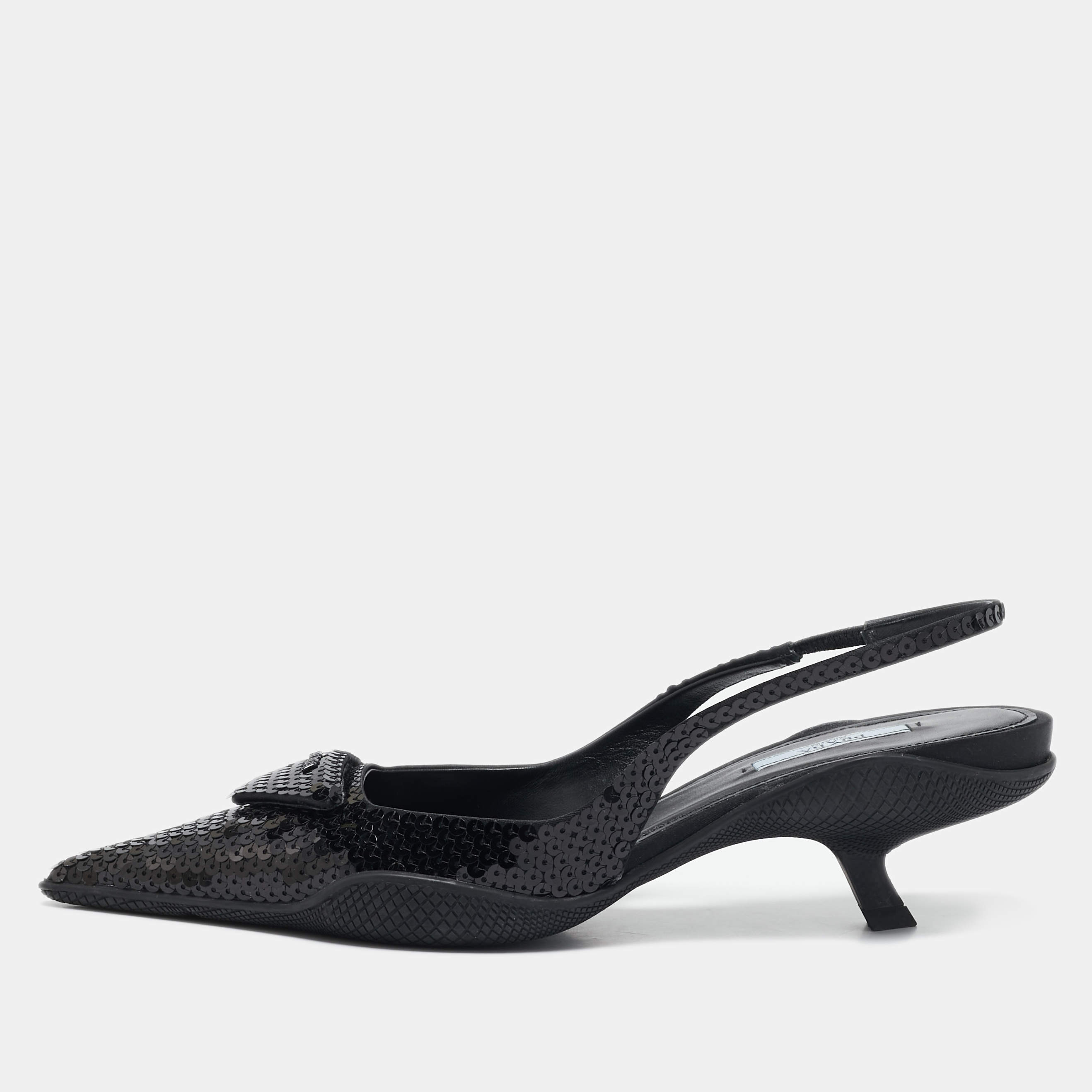 Pre Owned Prada Black Sequins Logo Slingback Pumps Size 38.5