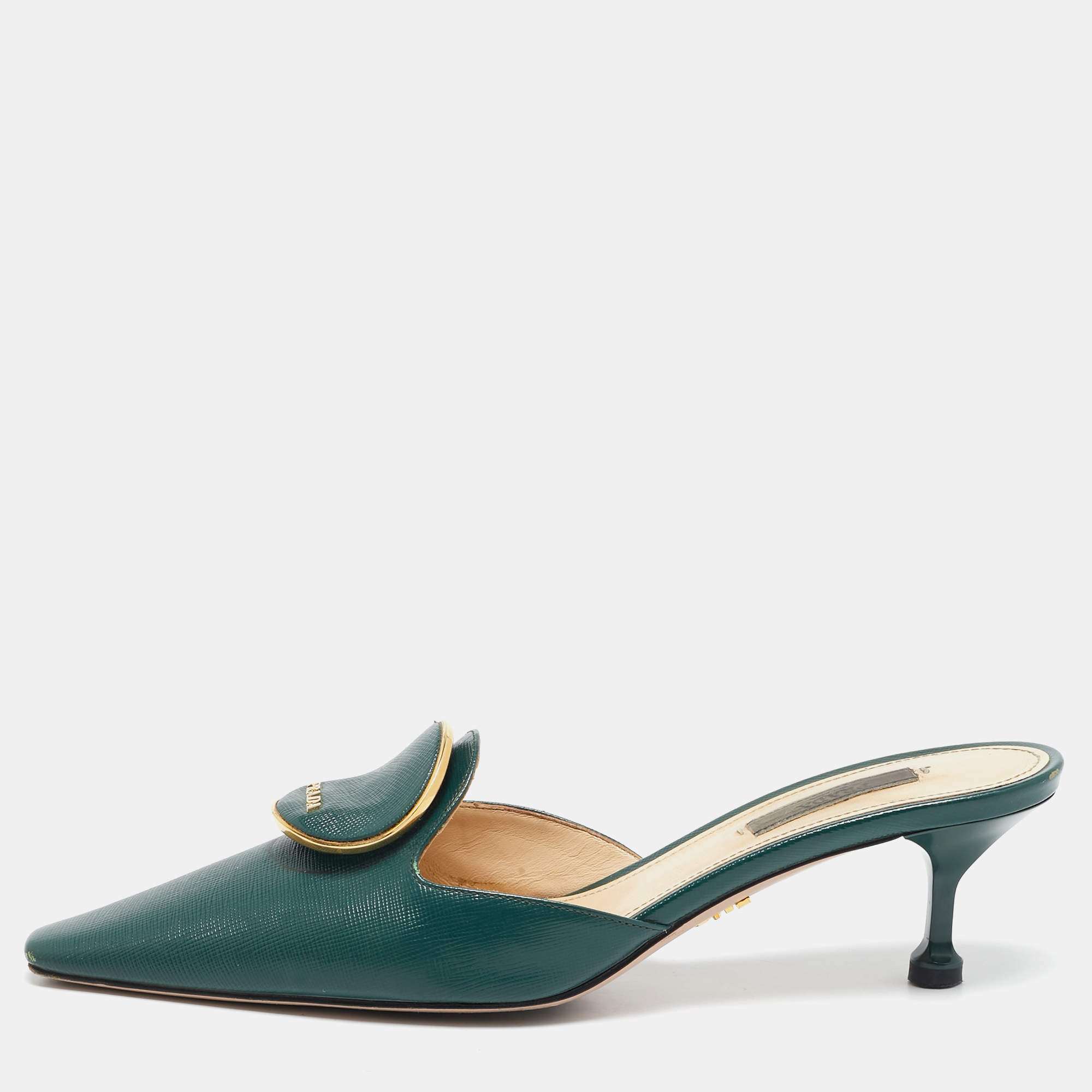 Prada Dark Green Saffiano Leather Logo Mules Size 38.5
