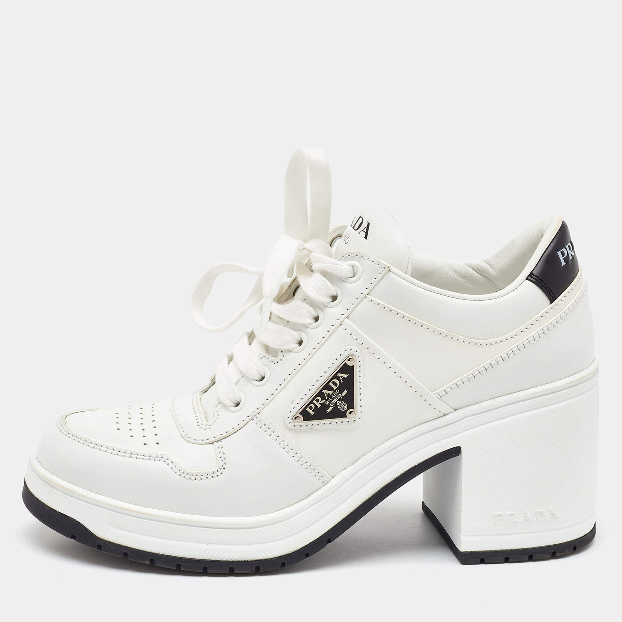 Prada White Leather Downtown High Heel Lace Up Pump Sneakers Size 39