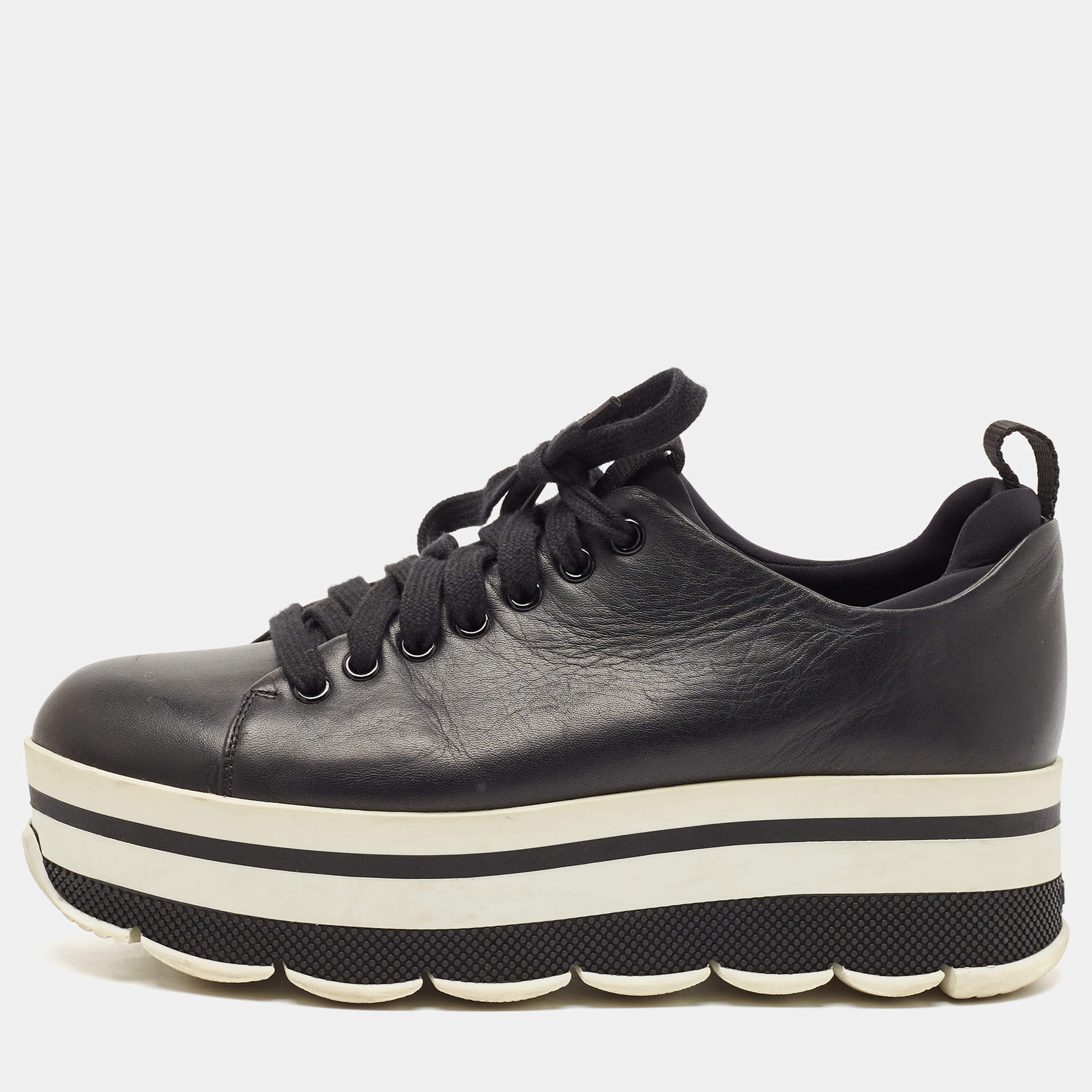 Prada Black Leather Platform Lace Up Sneakers Size 38