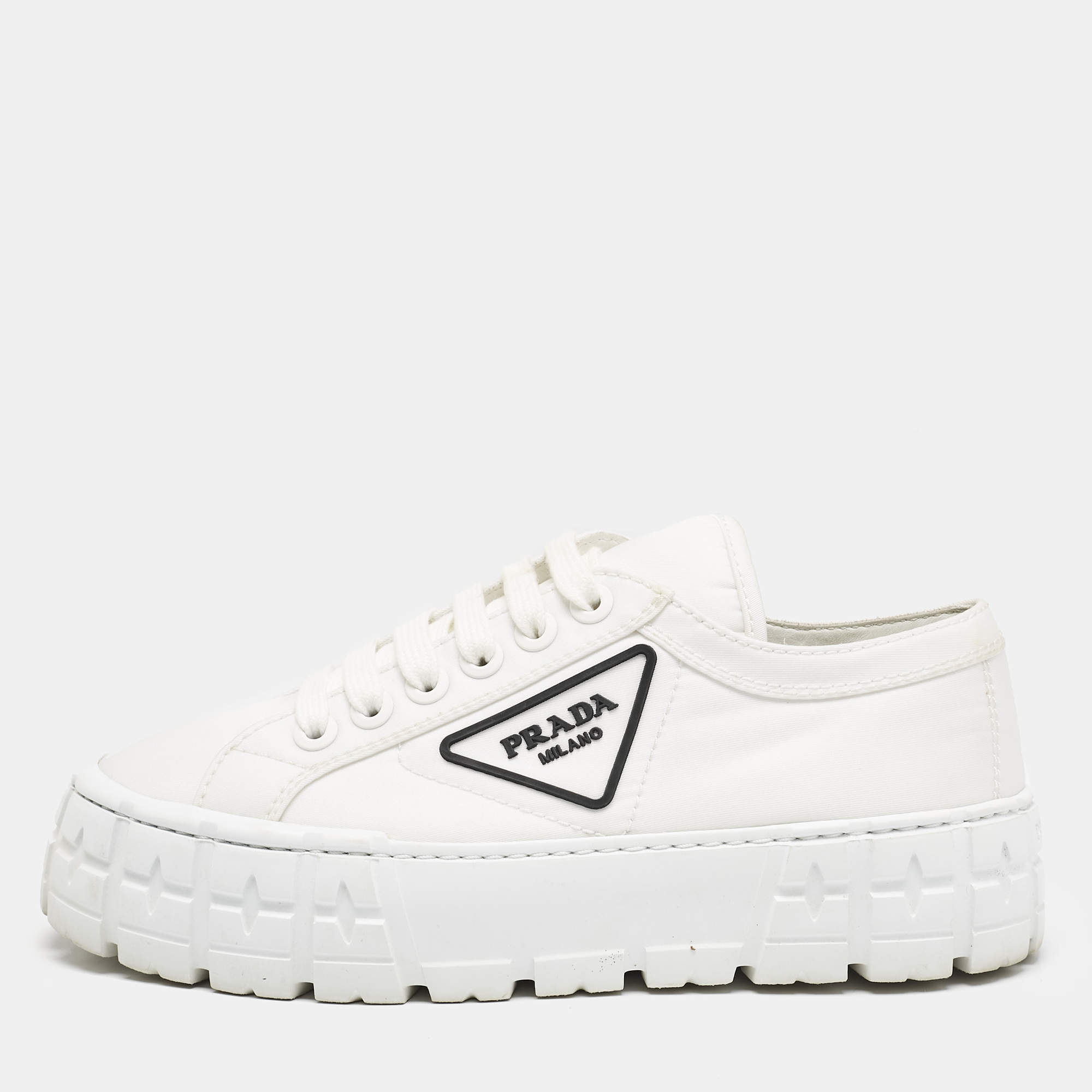 Prada White Canvas Cassetta Lace Up Sneakers Size 38