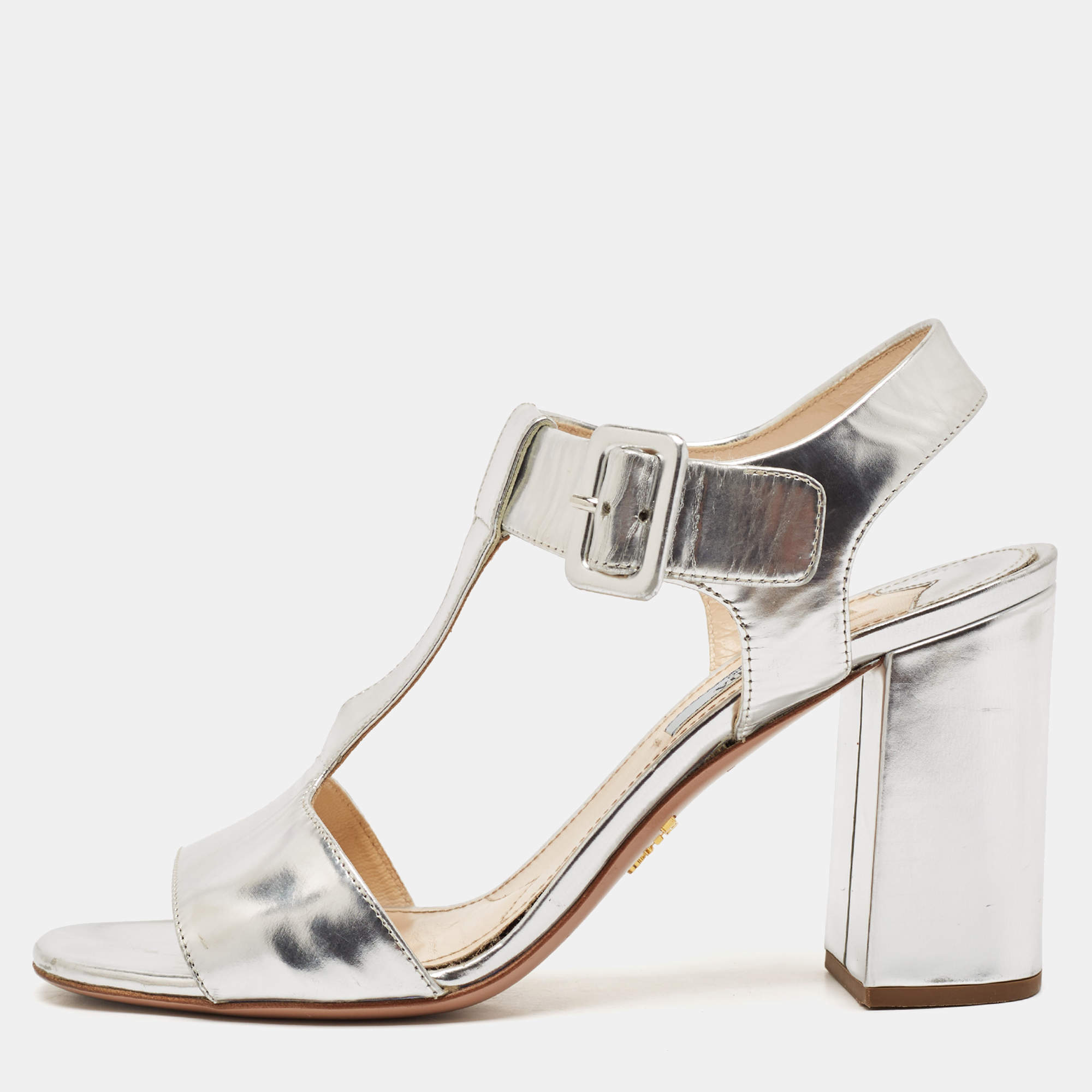 Prada Silver Leather Block Heel T-Strap Sandals Size 39
