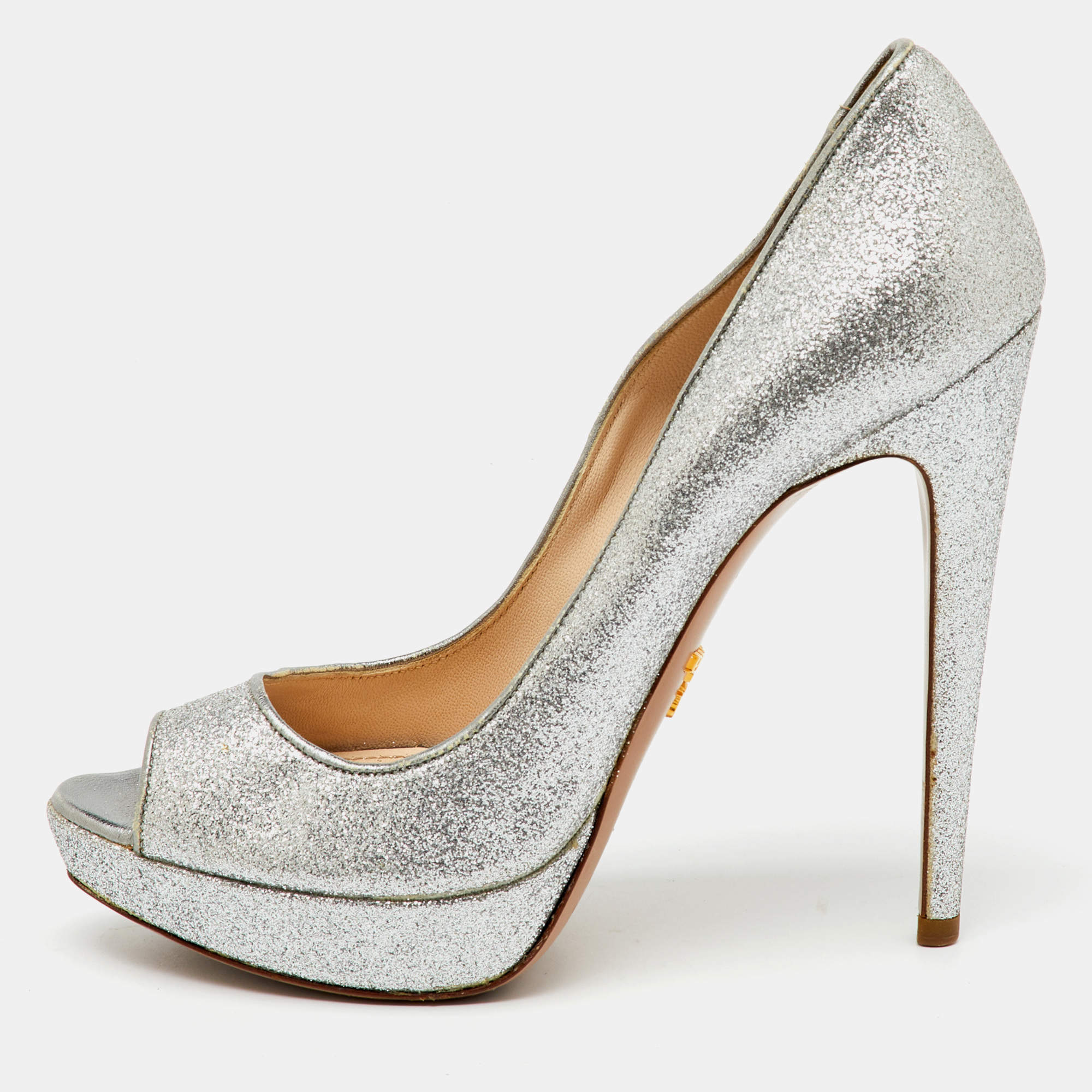 Prada Silver Glitter Fabric Peep Toe Platform Pumps Size 37.5