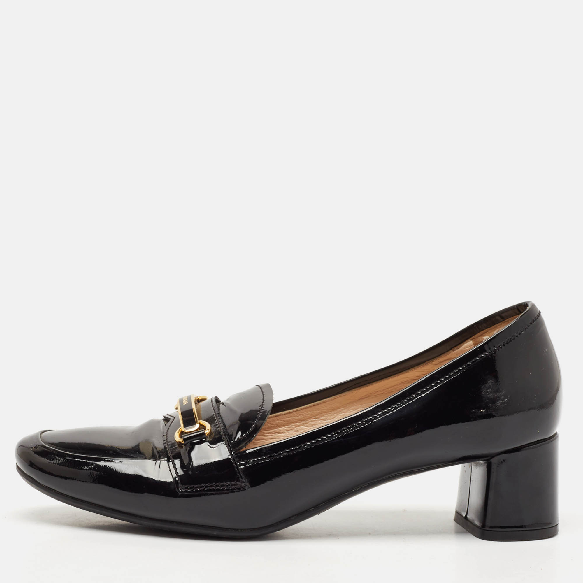 Prada Black Patent Leather Block Heel Loafer Pumps Size 37.5