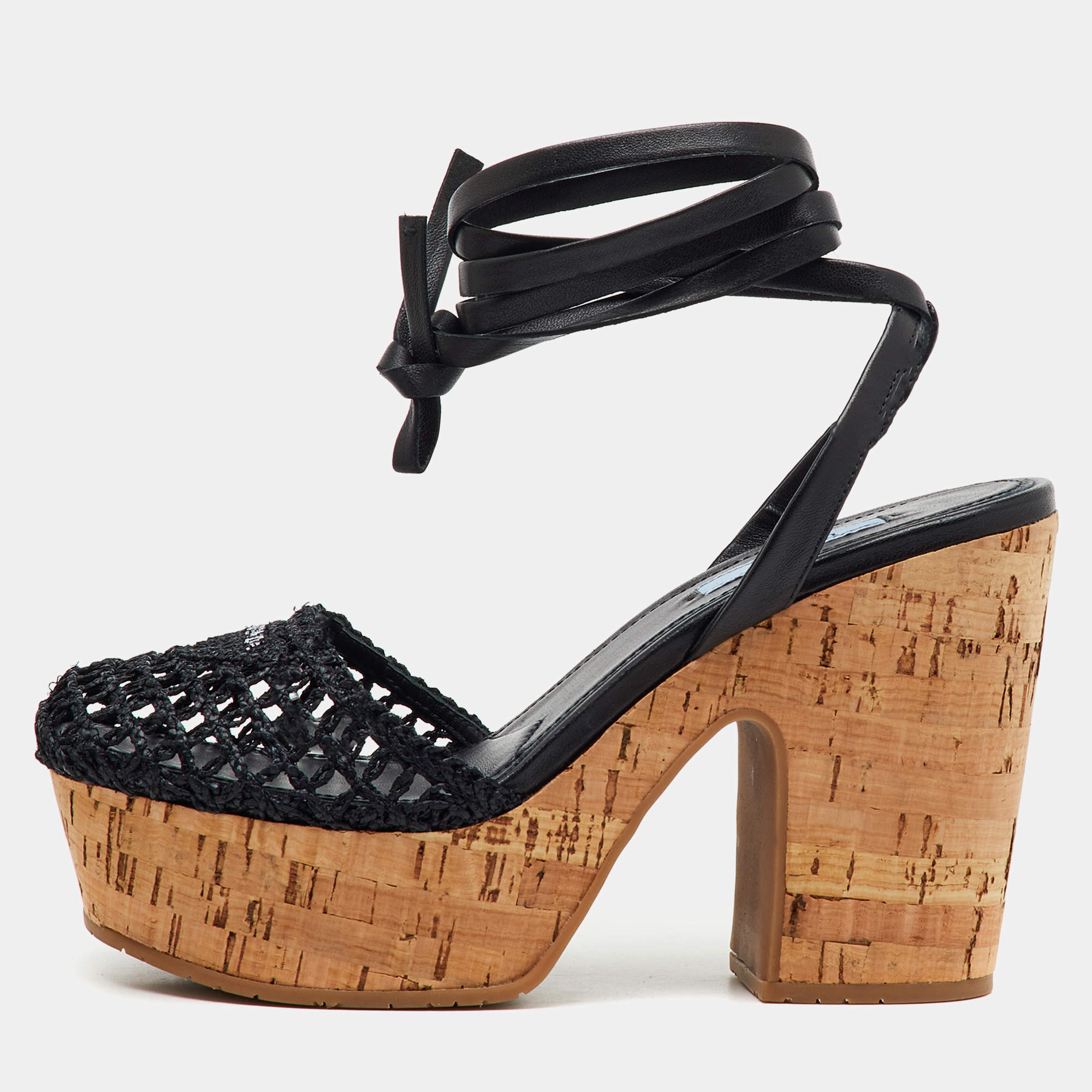 Pre Owned Prada Black Raffia and Leather Cork Block Heel Platform Ankle Strap Sandals Size 38