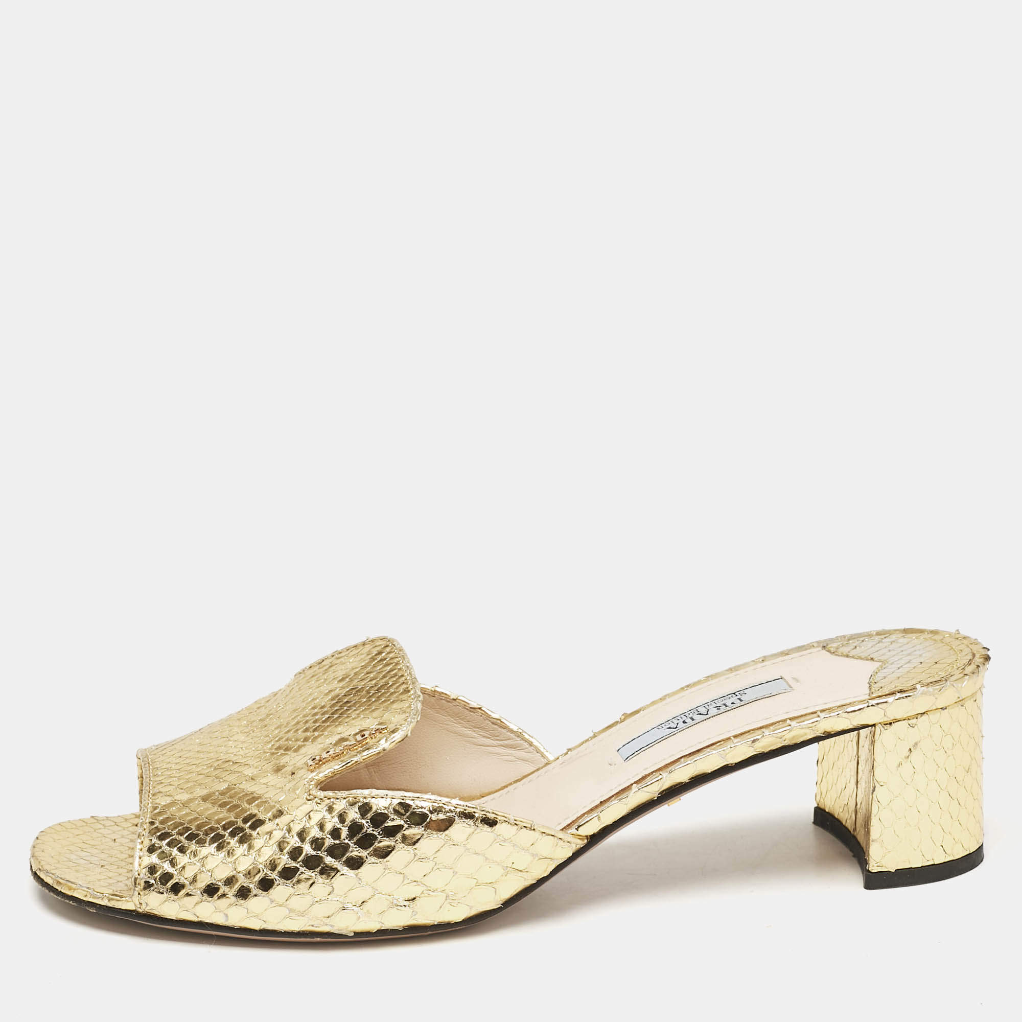 Prada Gold Python Embossed Leather Slide Sandals Size 37