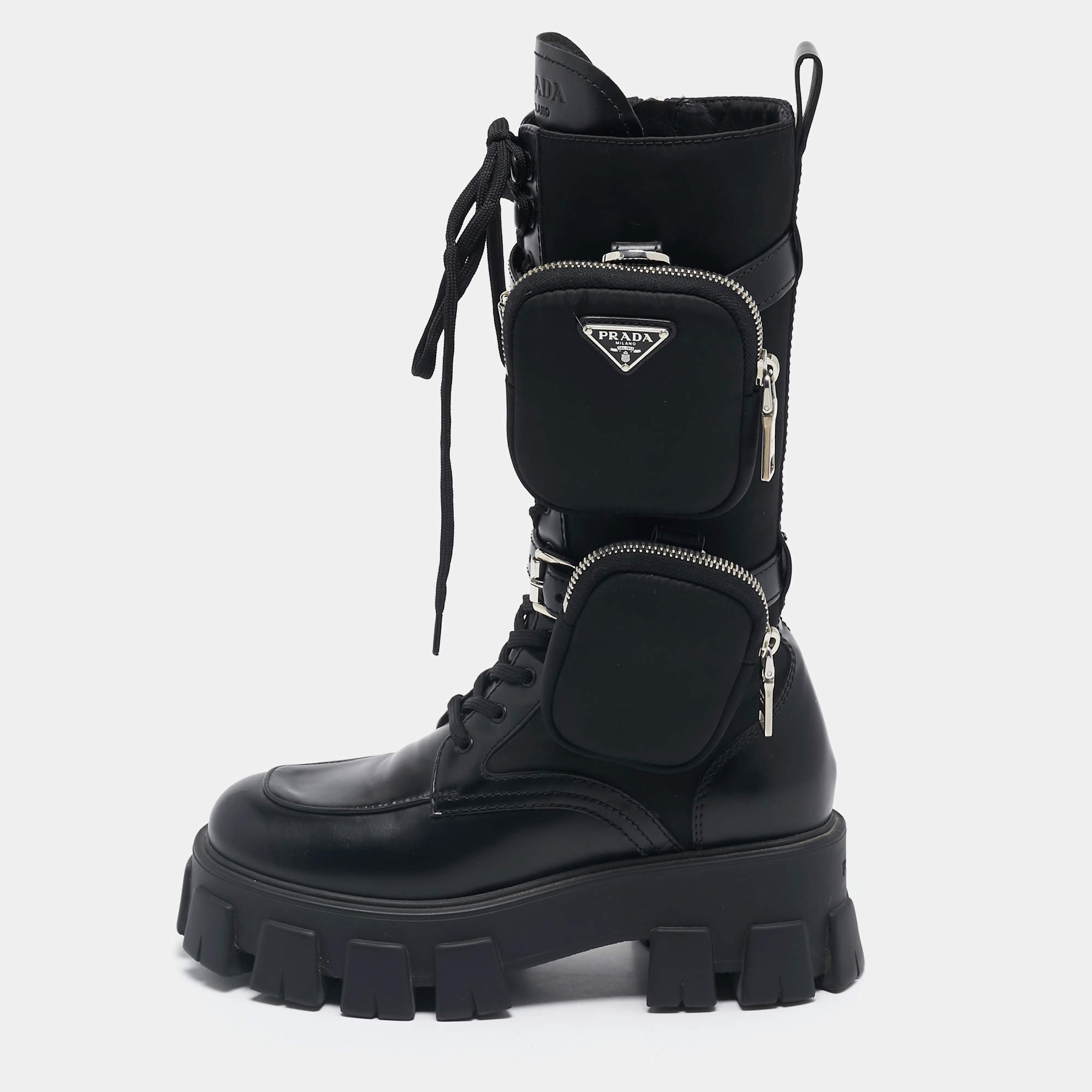 Prada Black Leather and Nylon Monolith Chunky Mid Calf Boots Size 37