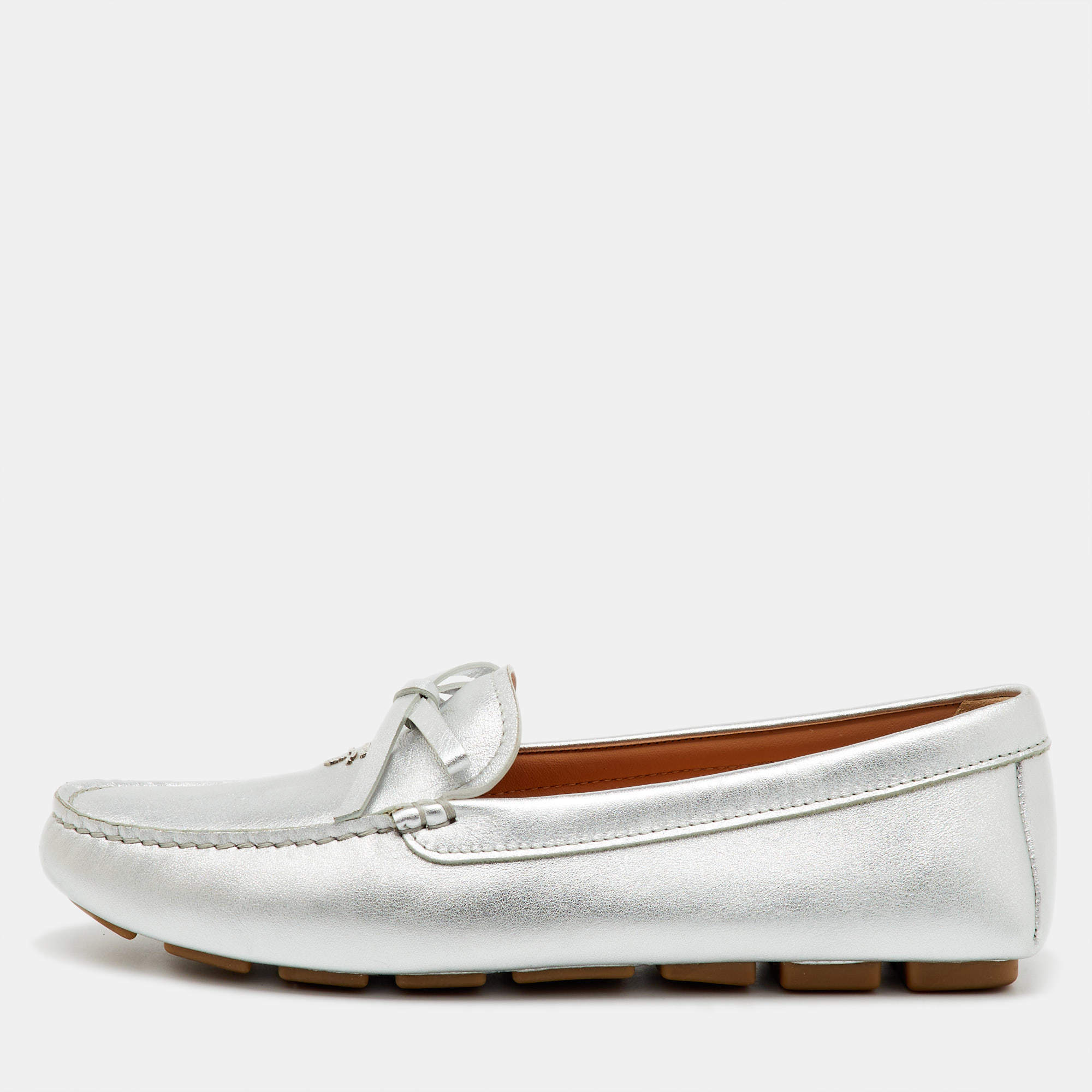 Pre Owned Prada Silver Leather Bow Logo Applique Slip On Loafers Size 37.5