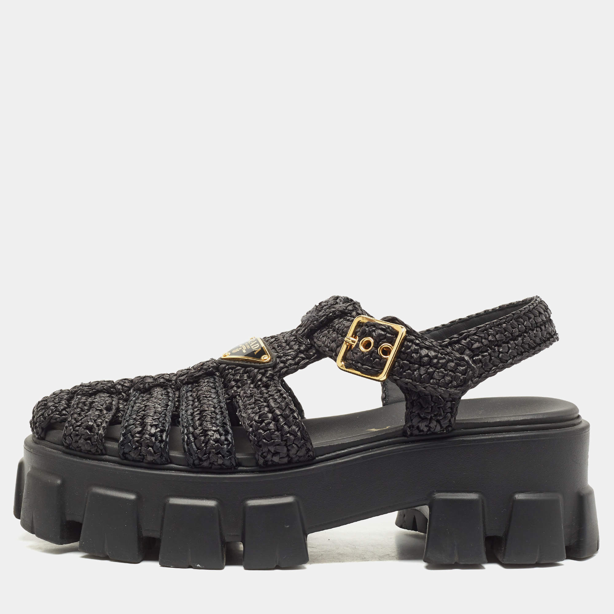 Prada Black Raffia Monolith Sandals Size 38