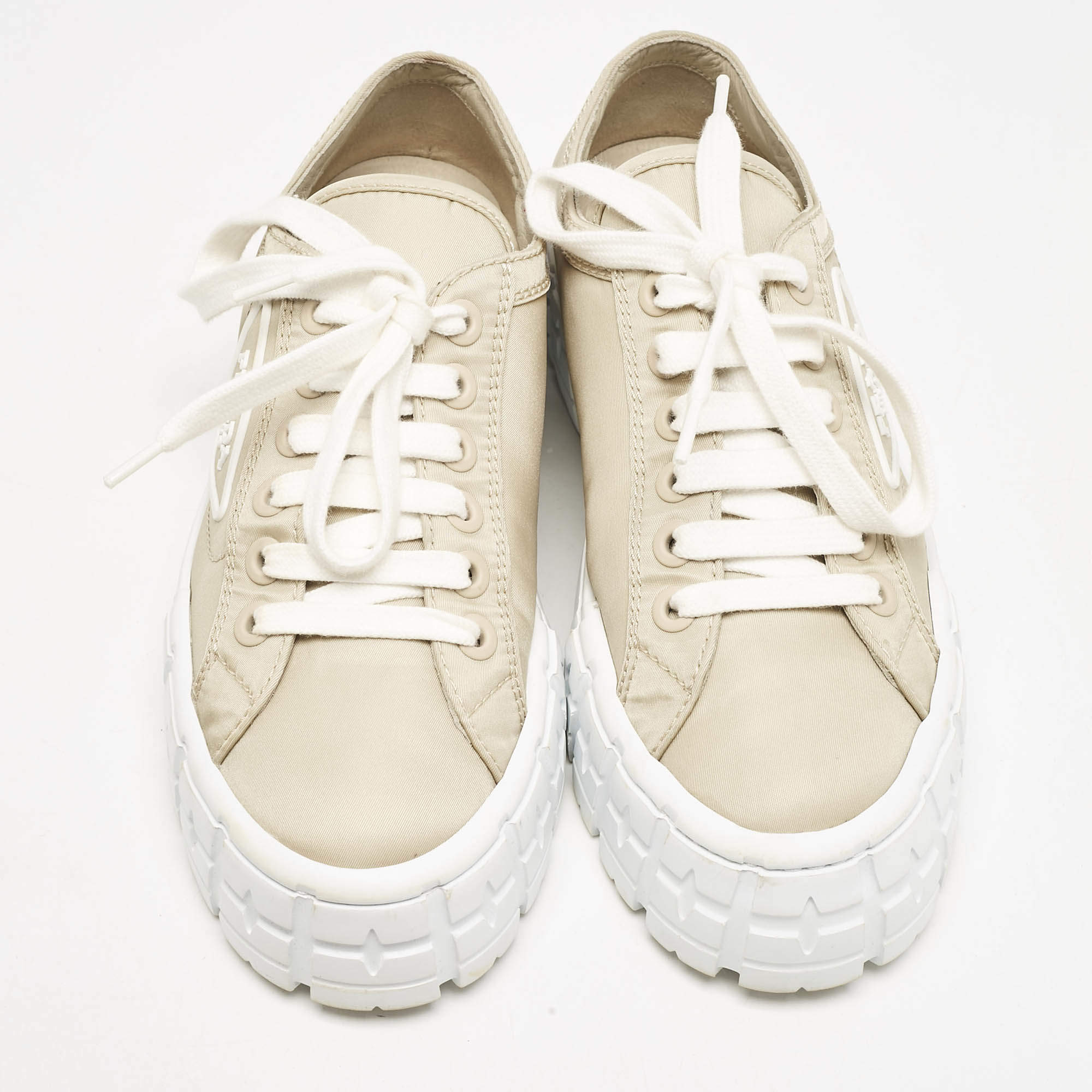 Pre Owned Prada Beige Nylon Gabardine Double Wheel Low Top Sneakers Size 37.5