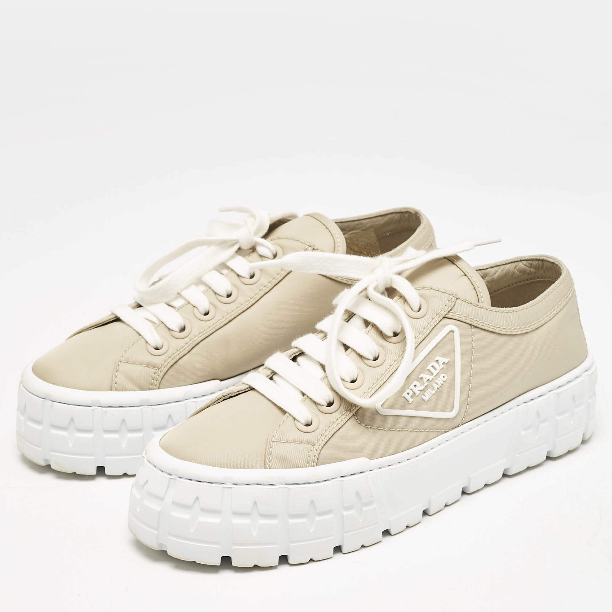 Pre Owned Prada Beige Nylon Gabardine Double Wheel Low Top Sneakers Size 37.5
