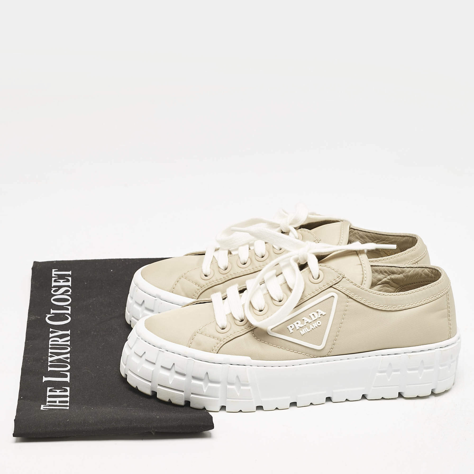 Pre Owned Prada Beige Nylon Gabardine Double Wheel Low Top Sneakers Size 37.5