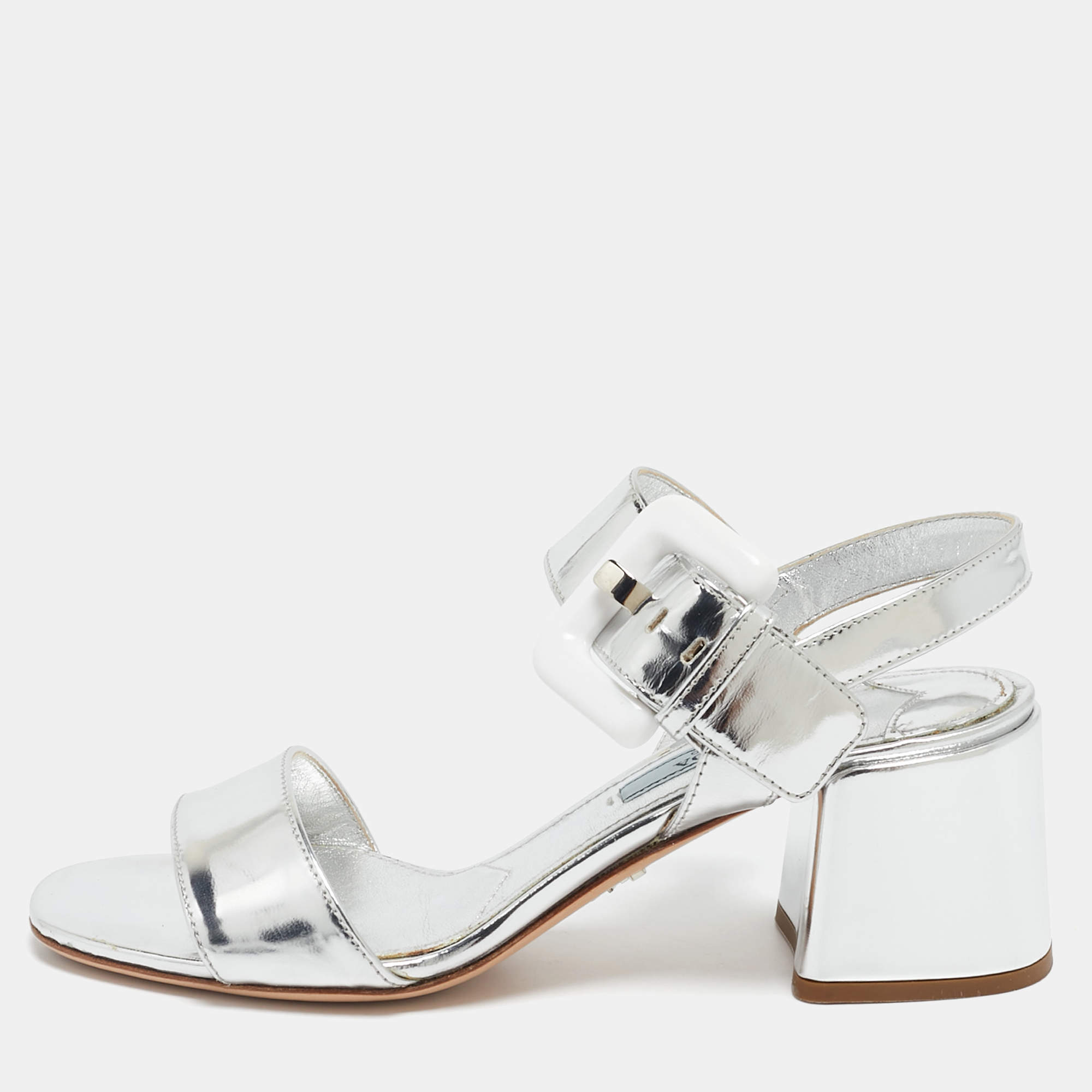Pre Owned Prada Silver Leather Ankle Strap Sandals Size 36