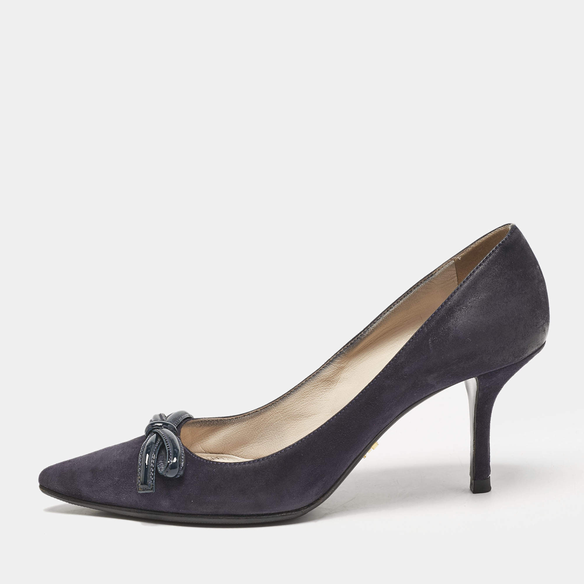 Prada Navy Blue Patent Leather and Suede Bow Pointed Toe Pumps Size 37.5