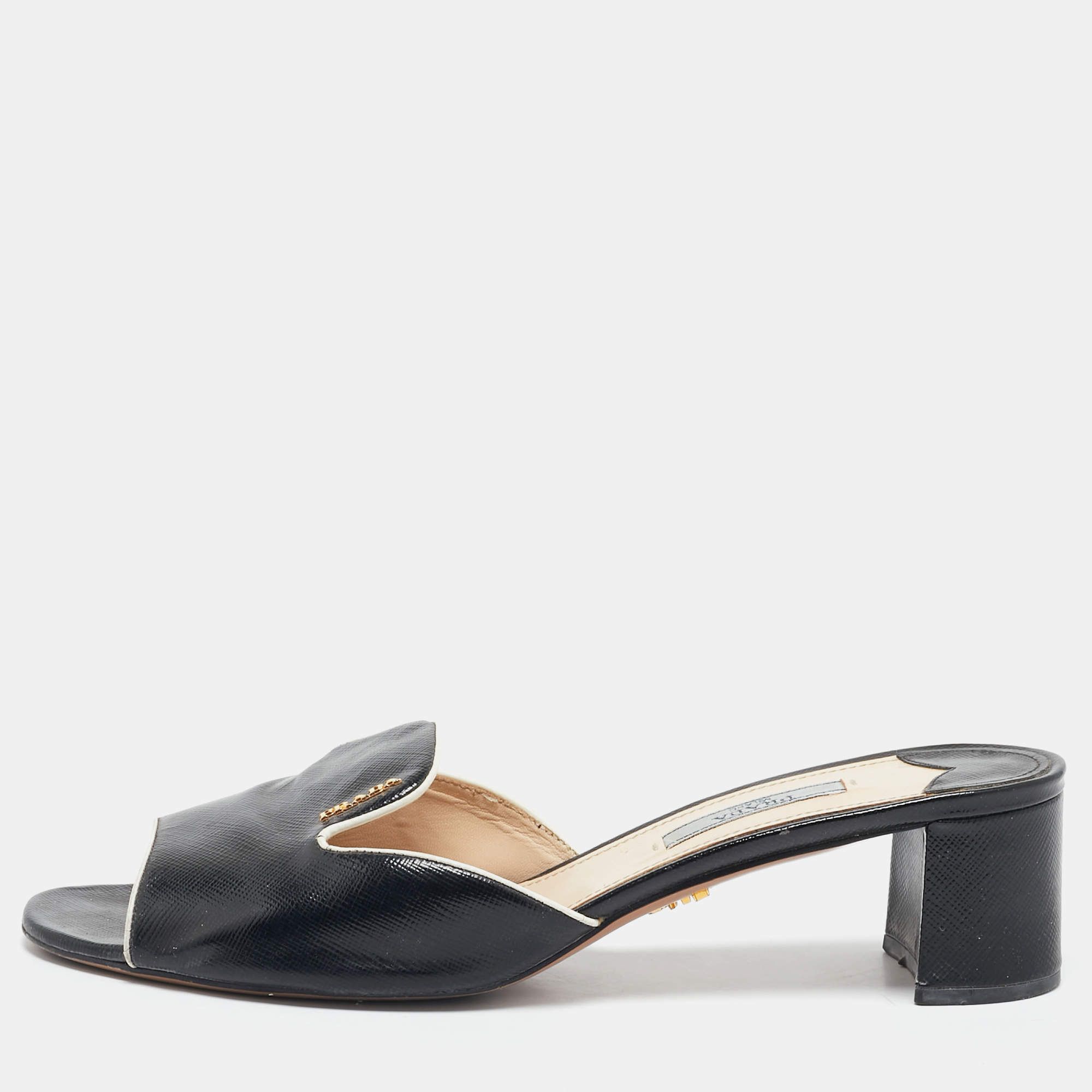 Prada Black Saffinao Patent Leather Slide Sandals Size 39
