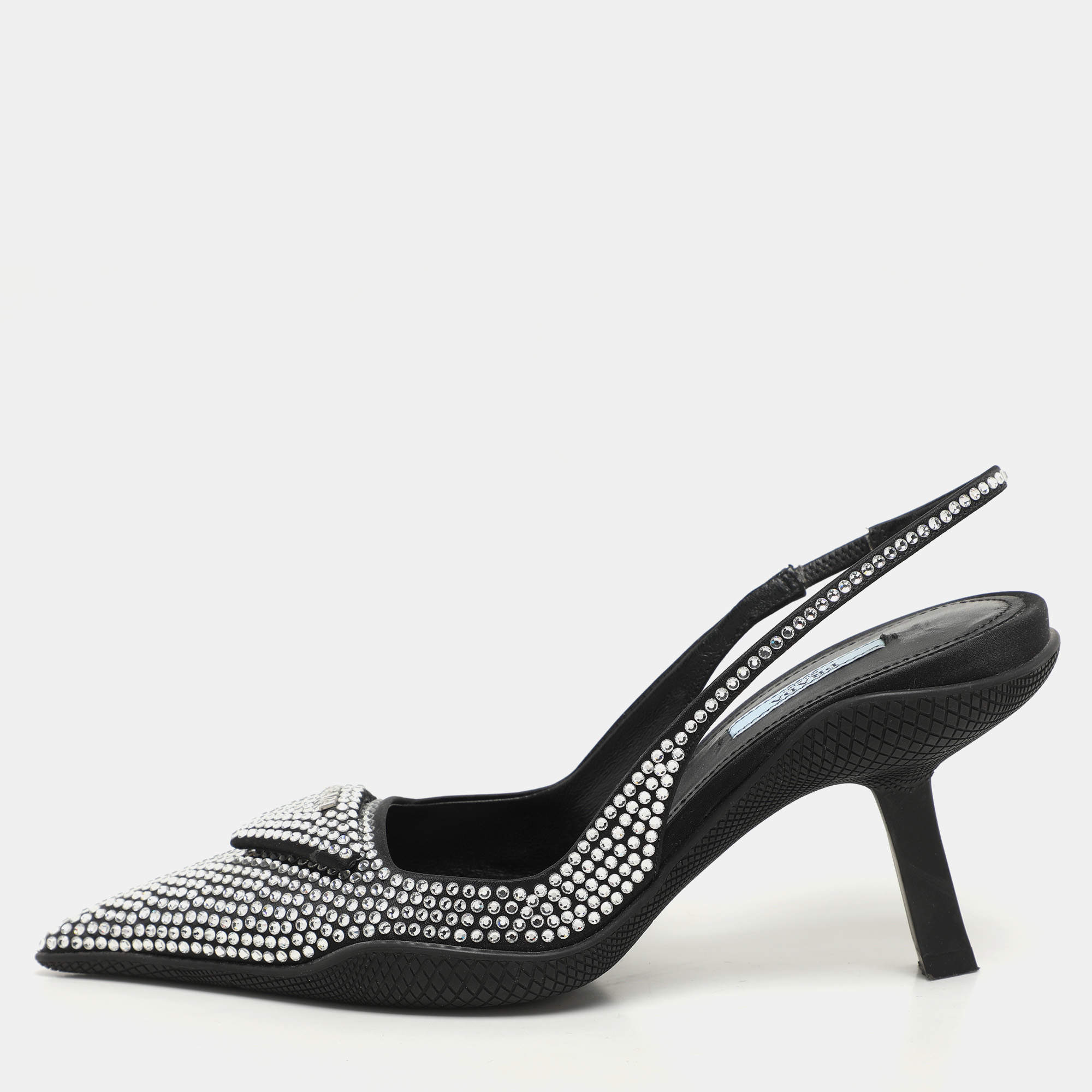Prada Black Satin Crystal Embellished Pointed Toe Slingback Pumps 36.5